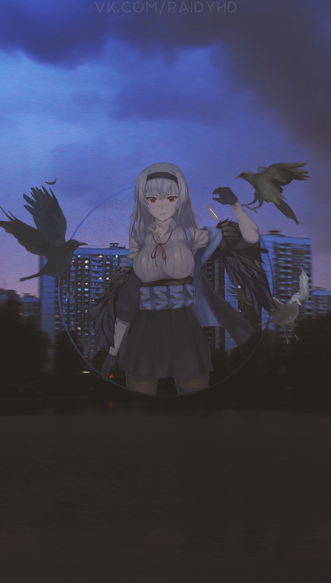 Anime girl with crows and city background HD Phone Wallpaper