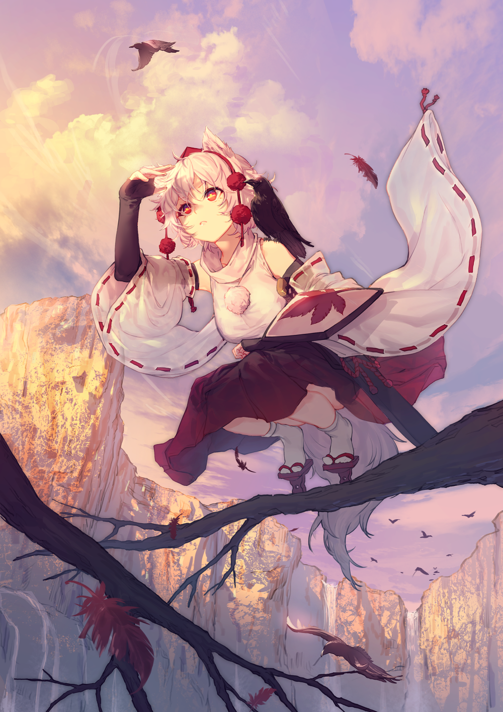 Anime girl with fox ears and red eyes on a branch HD Phone Wallpaper