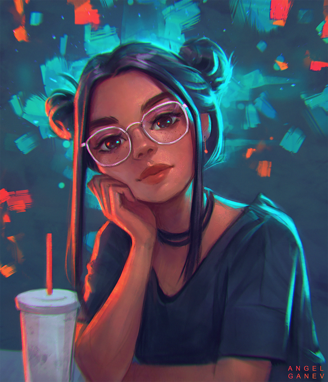 Digital painting of a woman with glasses by Angel Ganev HD Phone Wallpaper