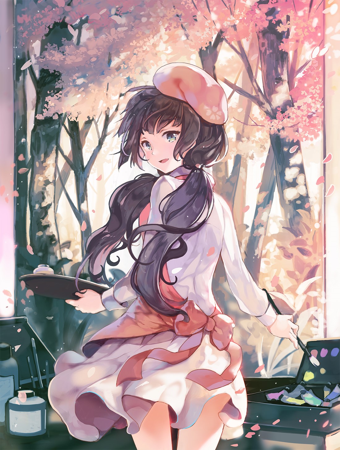 Anime girl painting cherry blossoms HD Phone Wallpaper