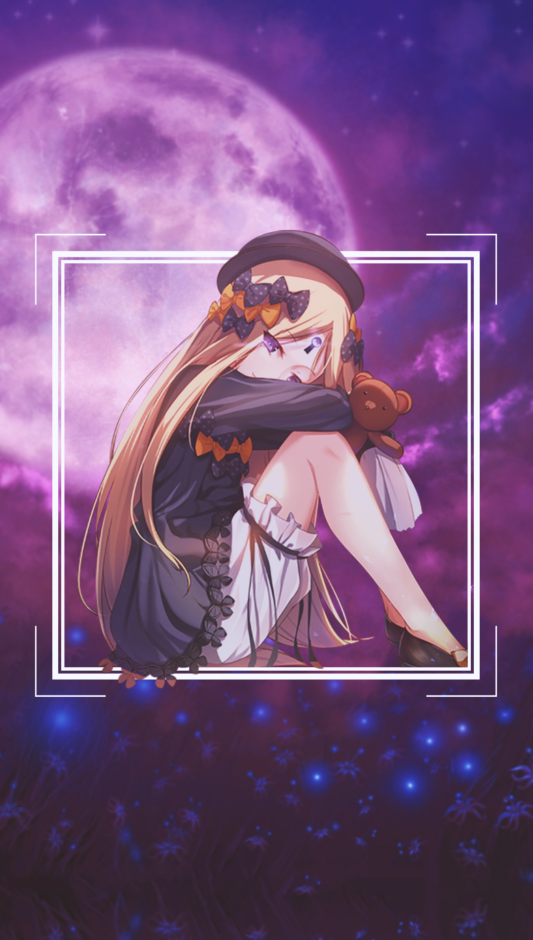 Anime girl with teddy bear under a large moon HD Phone Wallpaper