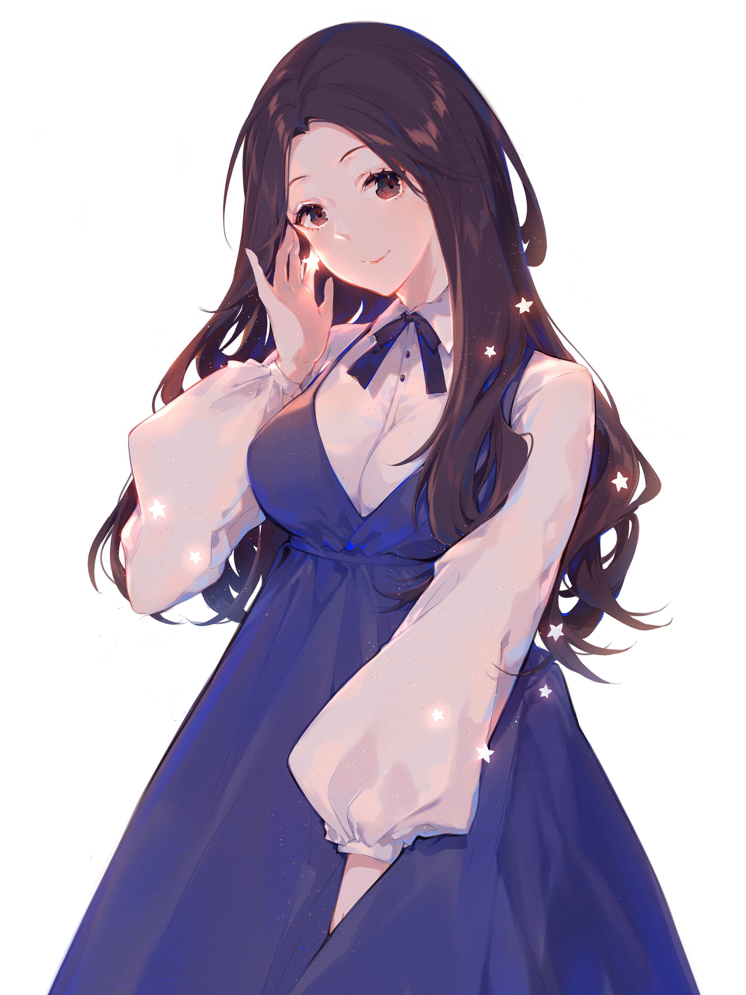 Anime girl with long dark hair in a blue dress HD Phone Wallpaper