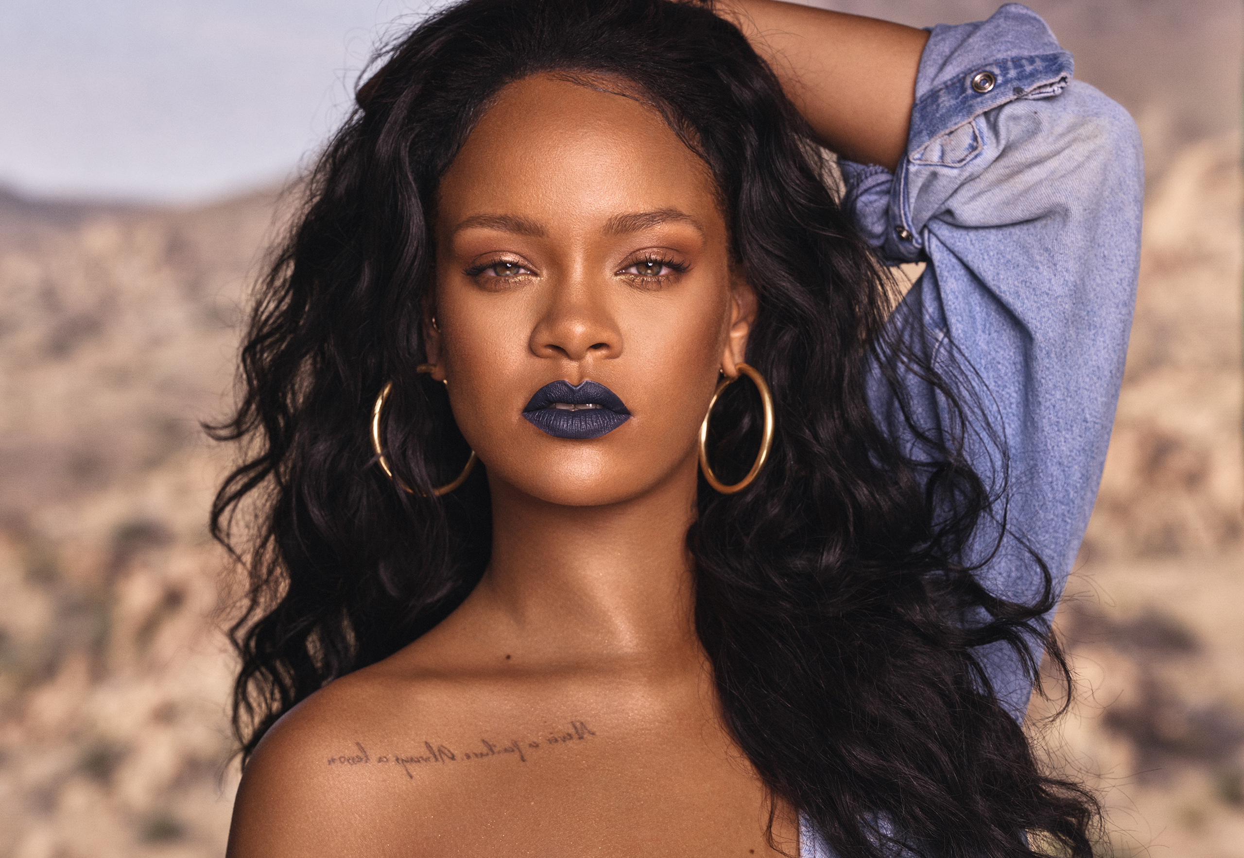 Rihanna wearing dark lipstick and denim shirt HD Wallpaper