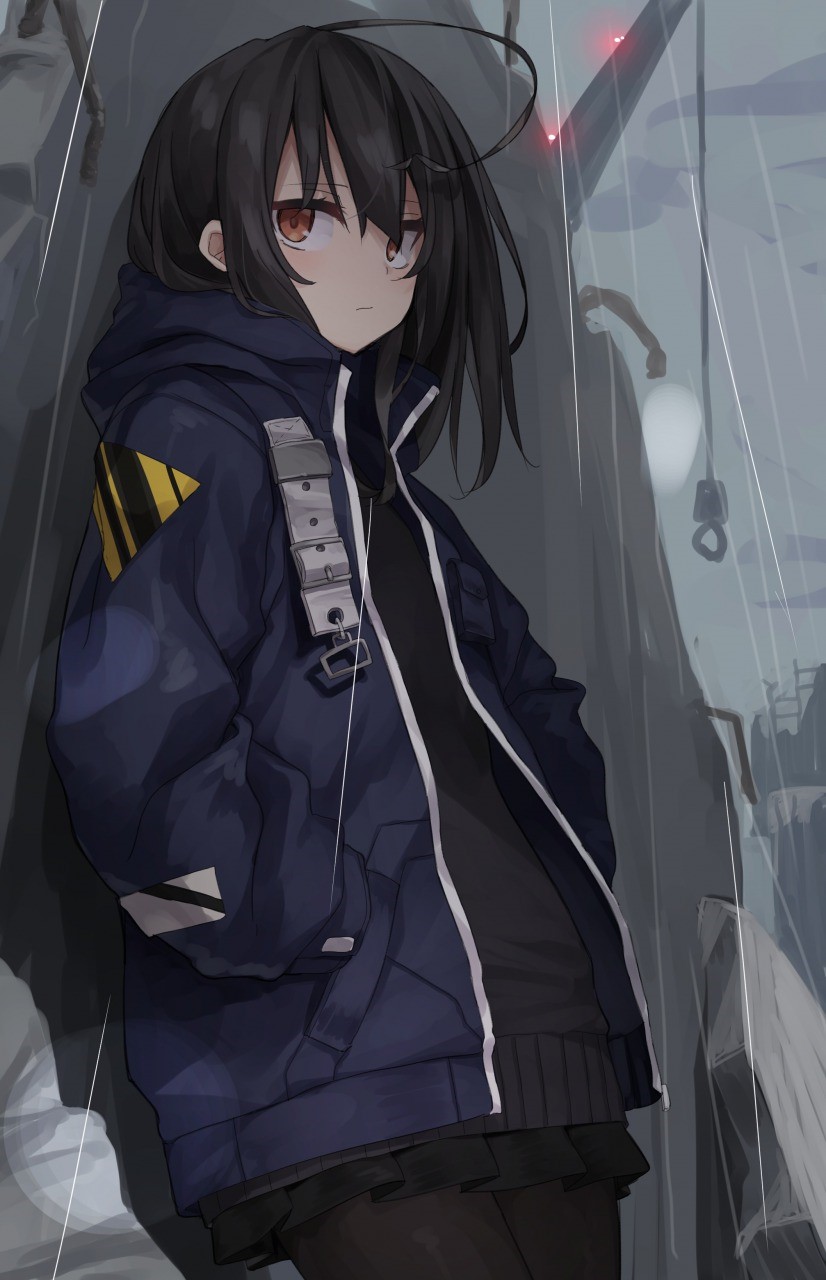 Anime girl with dark hair in a blue jacket HD Phone Wallpaper