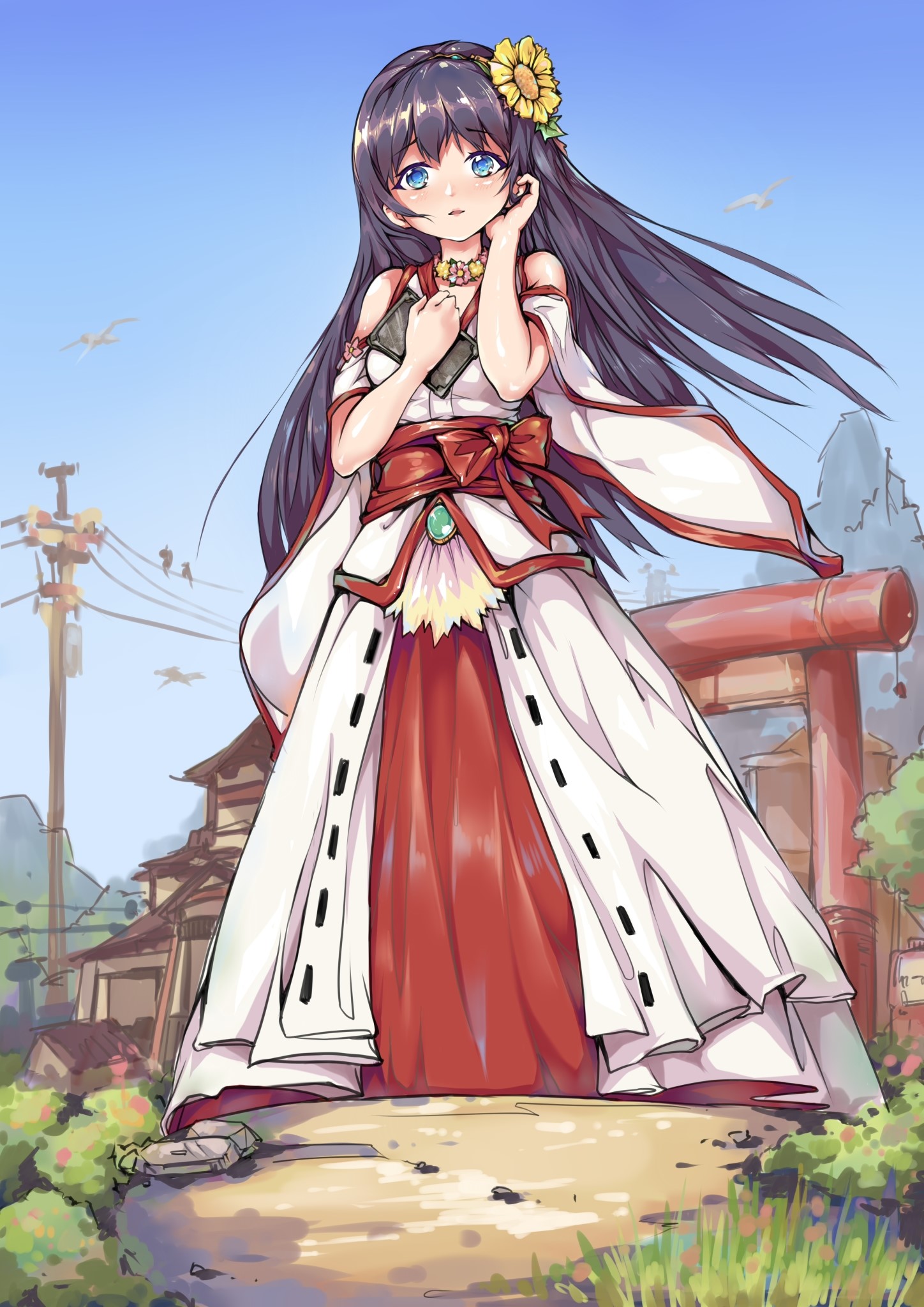 Anime girl with dark hair and flower in hair HD Phone Wallpaper