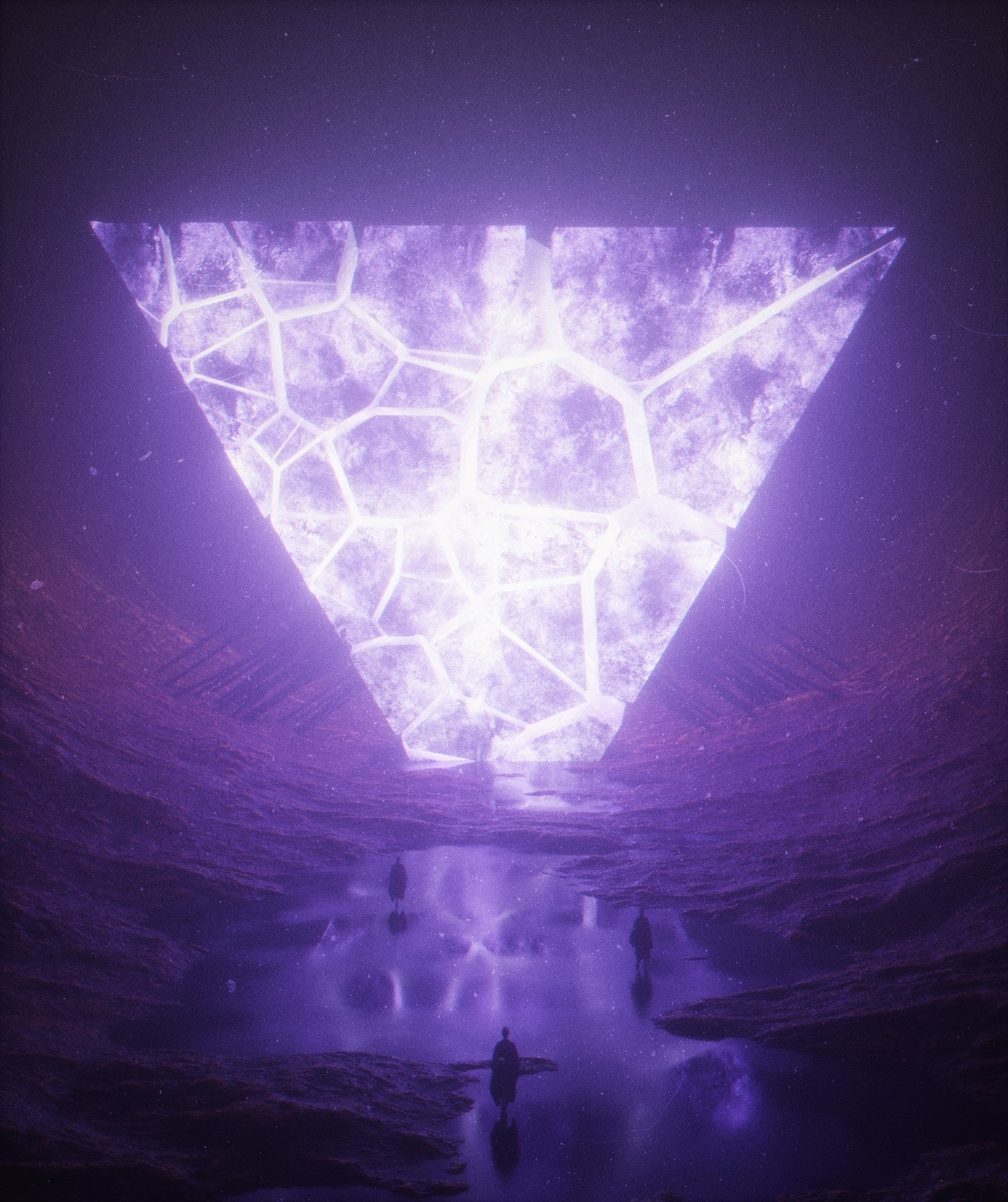 Abstract glowing pyramid over a rocky landscape HD Phone Wallpaper