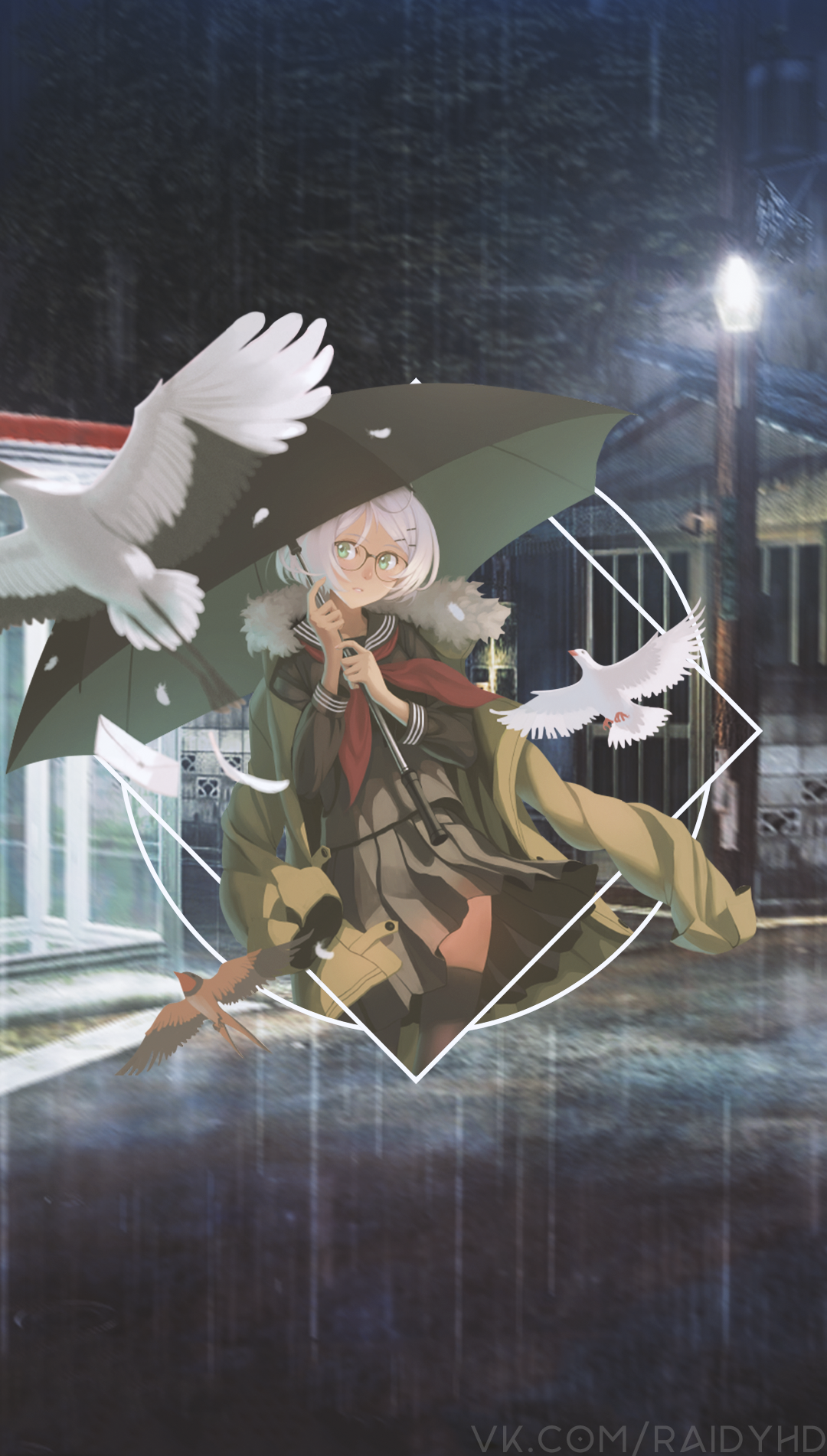 Anime girl with umbrella and birds in the rain HD Phone Wallpaper