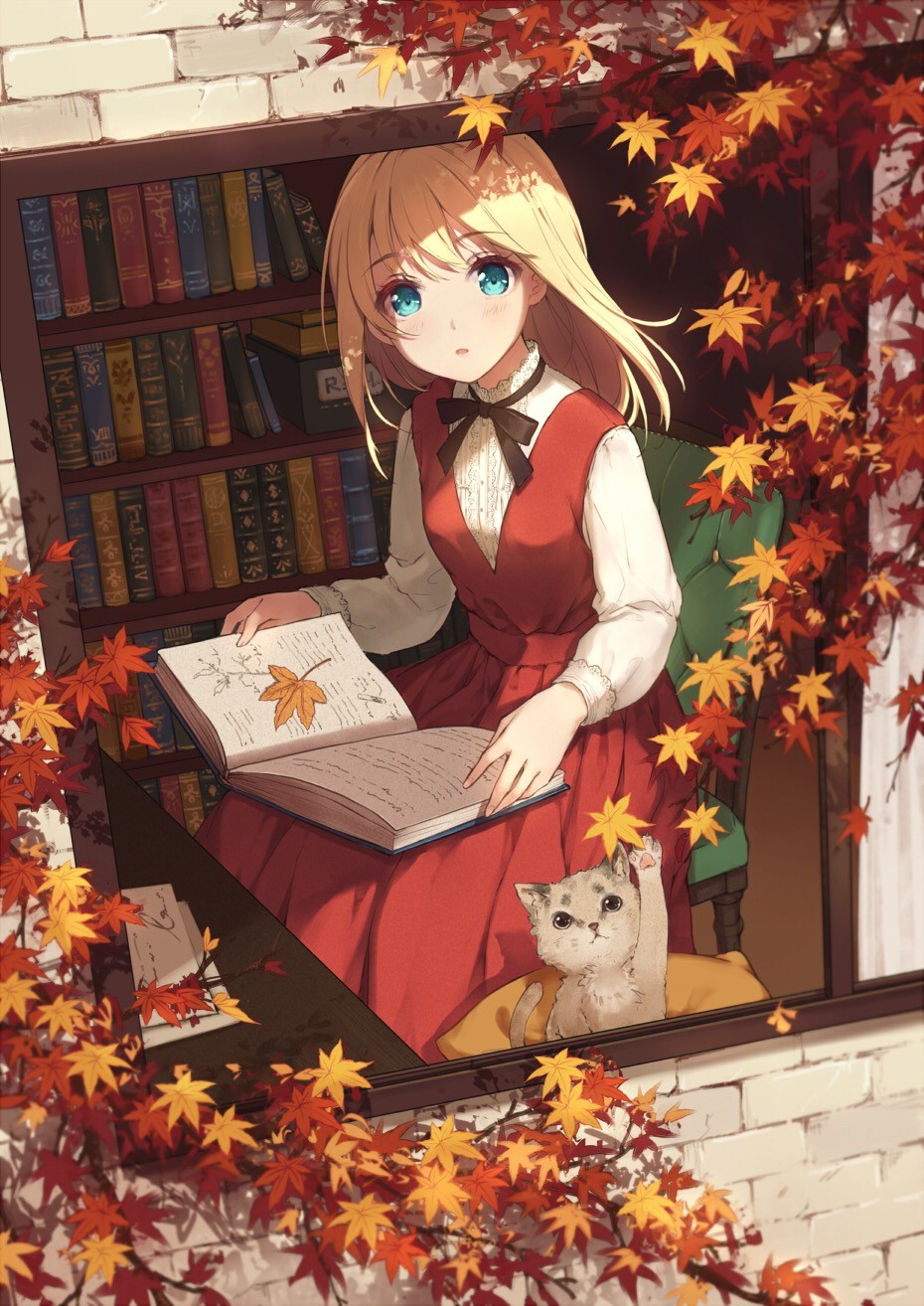 Anime Girl Reading Books with Cat in Fall HD Phone Wallpaper