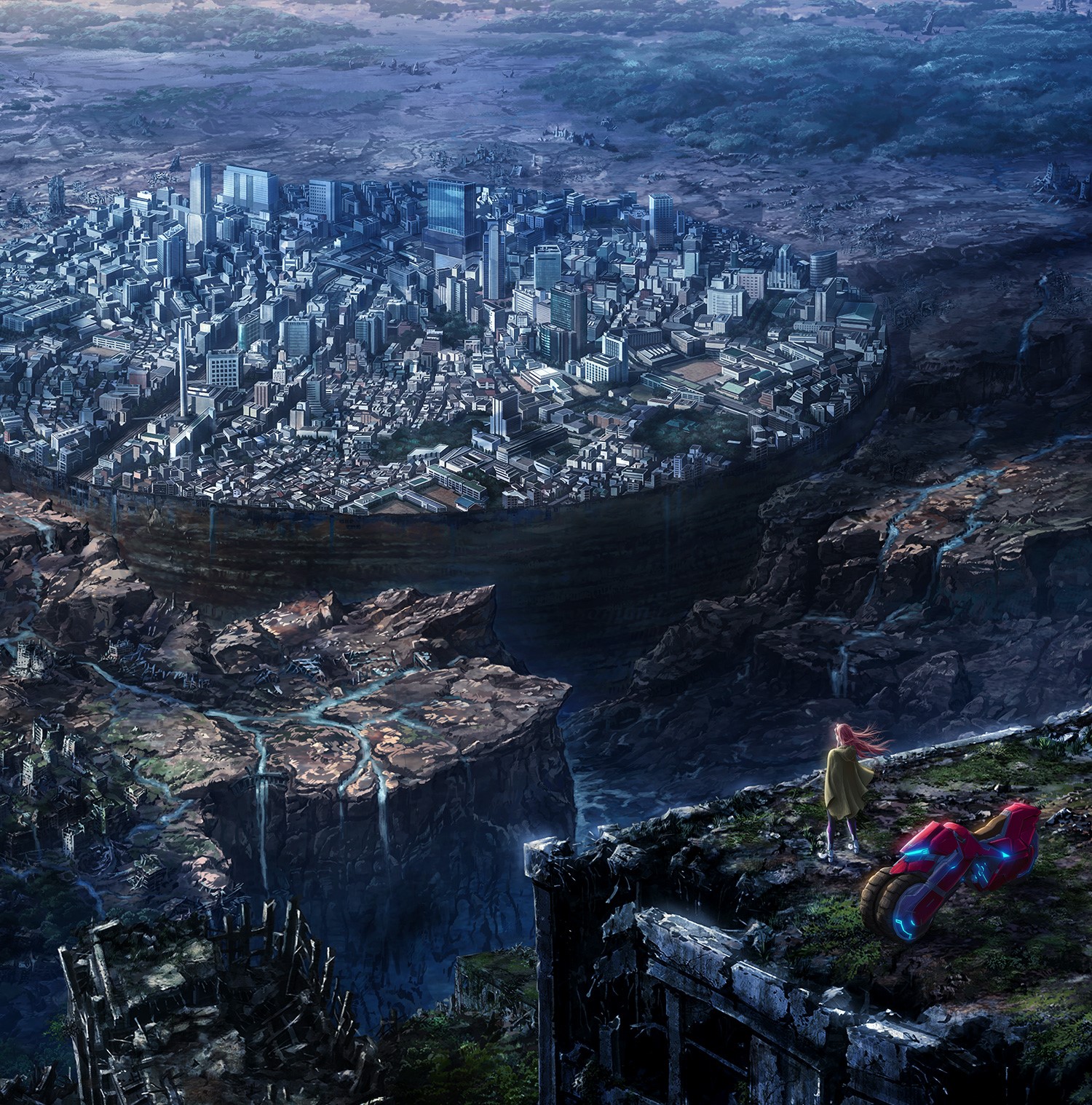 Anime girl and creature overlooking a futuristic city HD Phone Wallpaper
