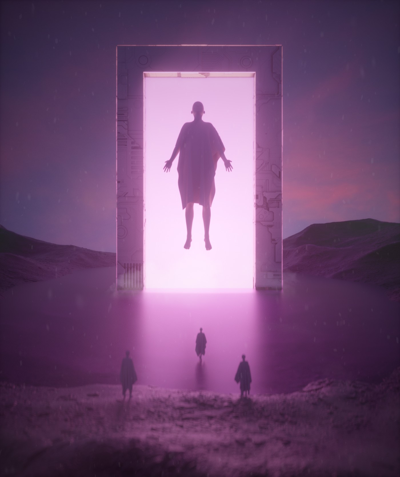 Surreal portal with floating figure and observers HD Phone Wallpaper