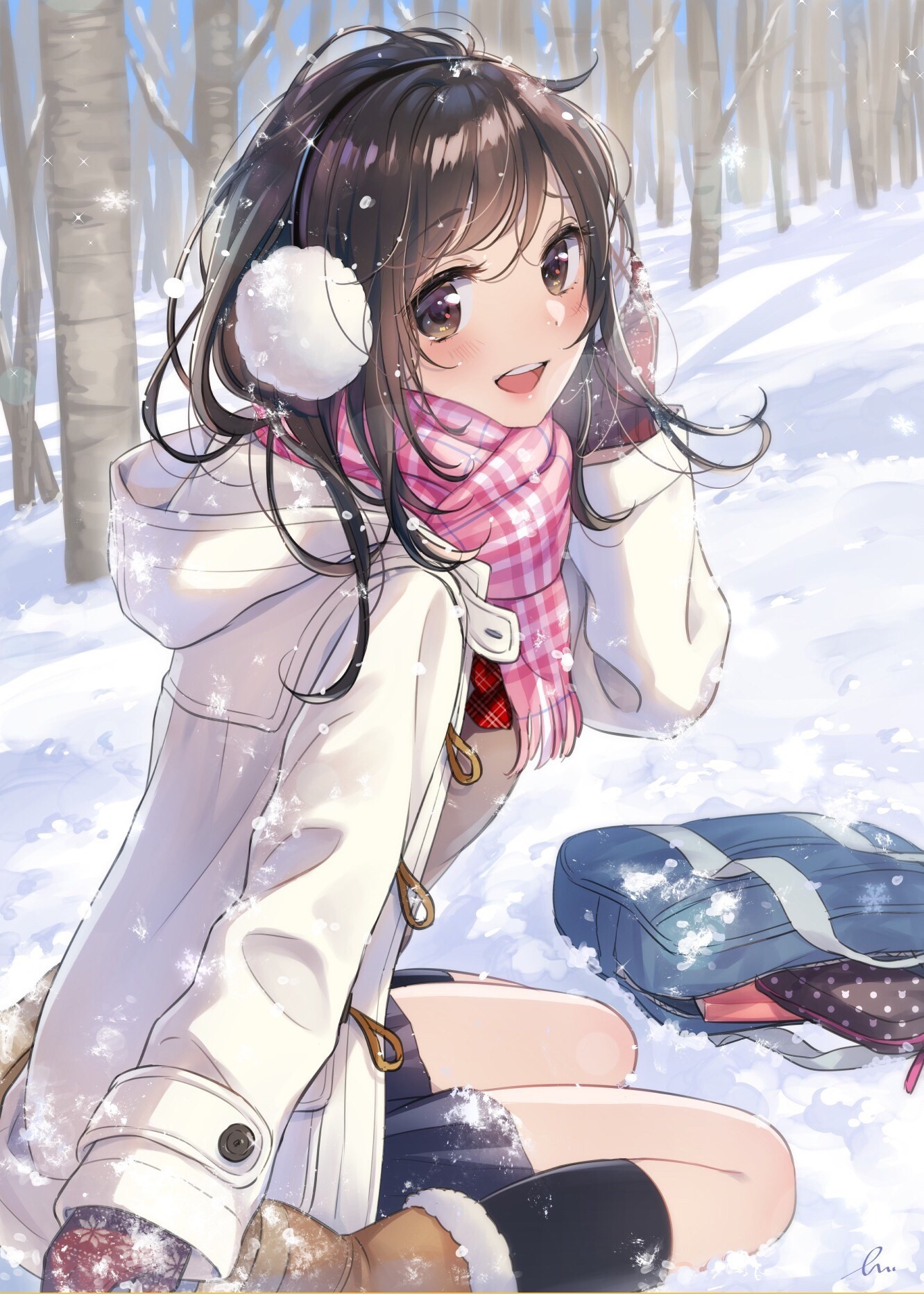 Anime girl with headphones and scarf in snow HD Phone Wallpaper