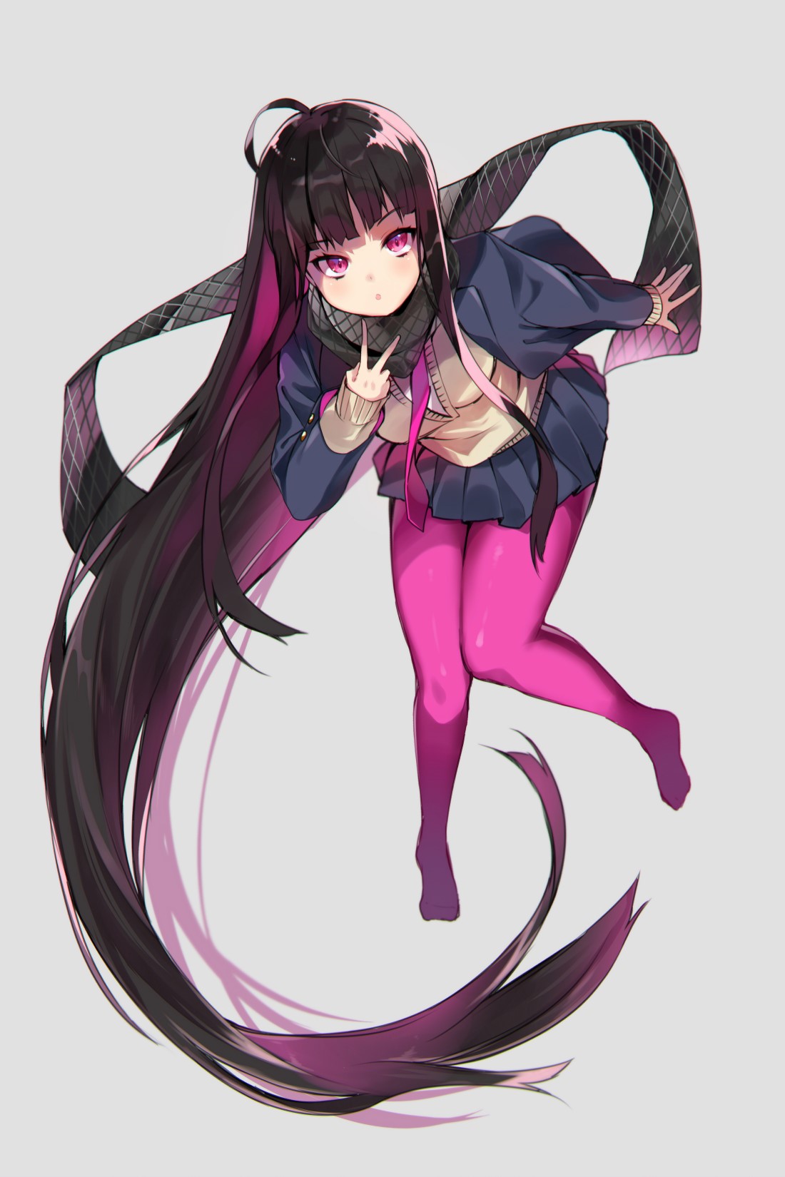 Anime girl with long black and pink hair HD Phone Wallpaper