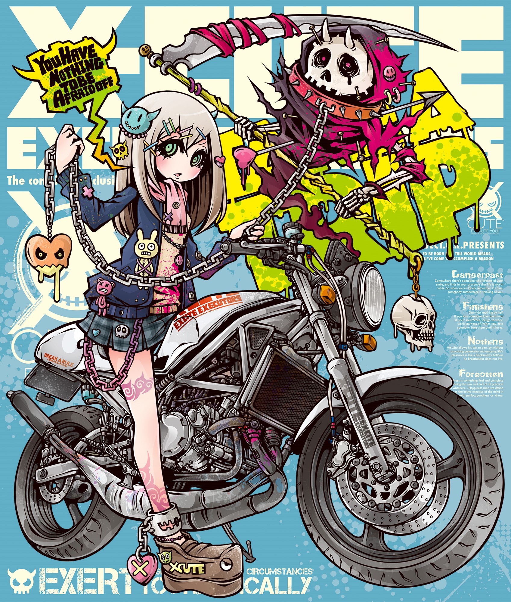Anime girl with motorcycle and grim reaper HD Phone Wallpaper