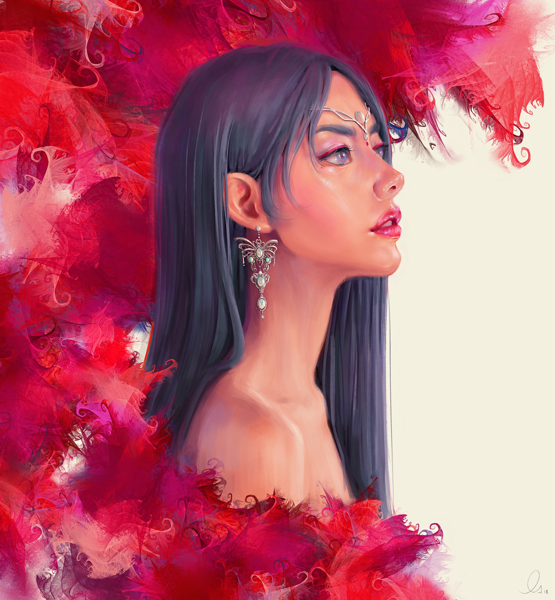 Portrait of a woman with purple hair and red feathers HD Phone Wallpaper