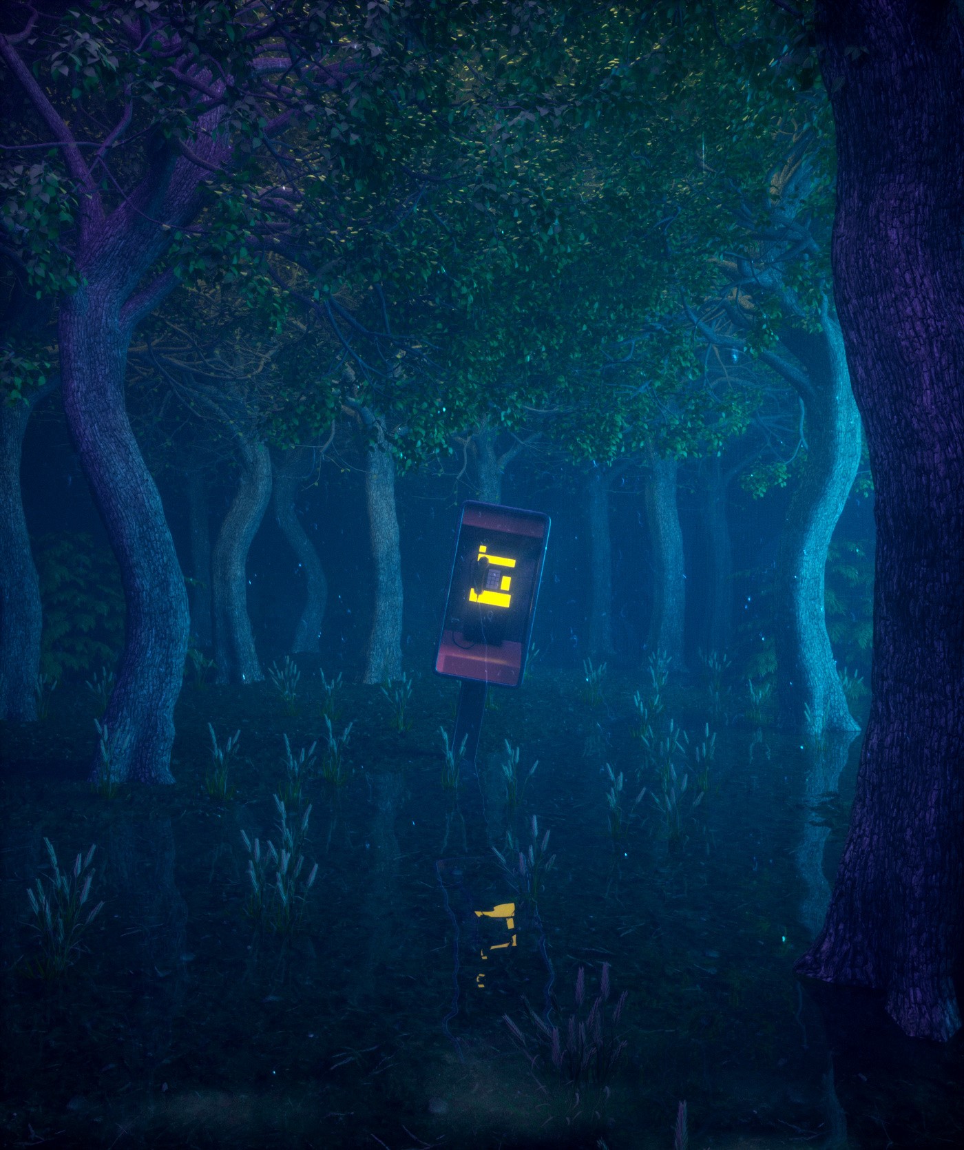 Surreal forest with floating digital display HD Phone Wallpaper