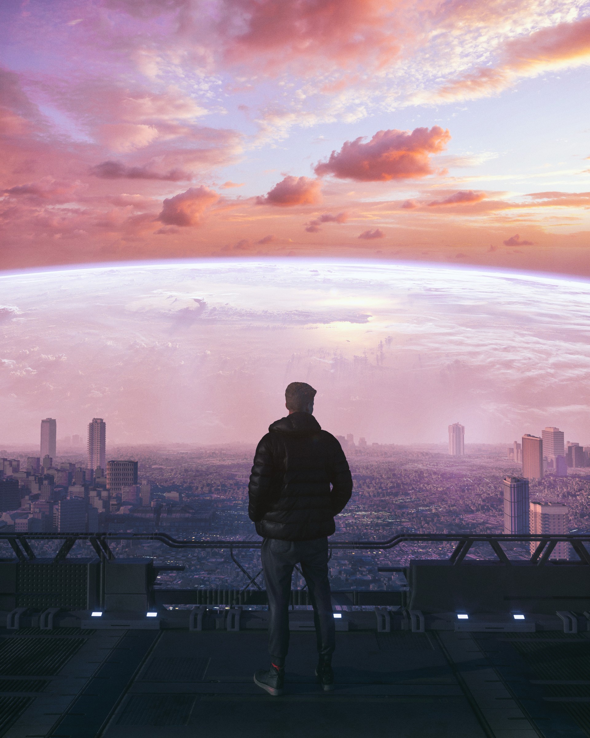 Man on futuristic balcony overlooking city and planet HD Phone Wallpaper