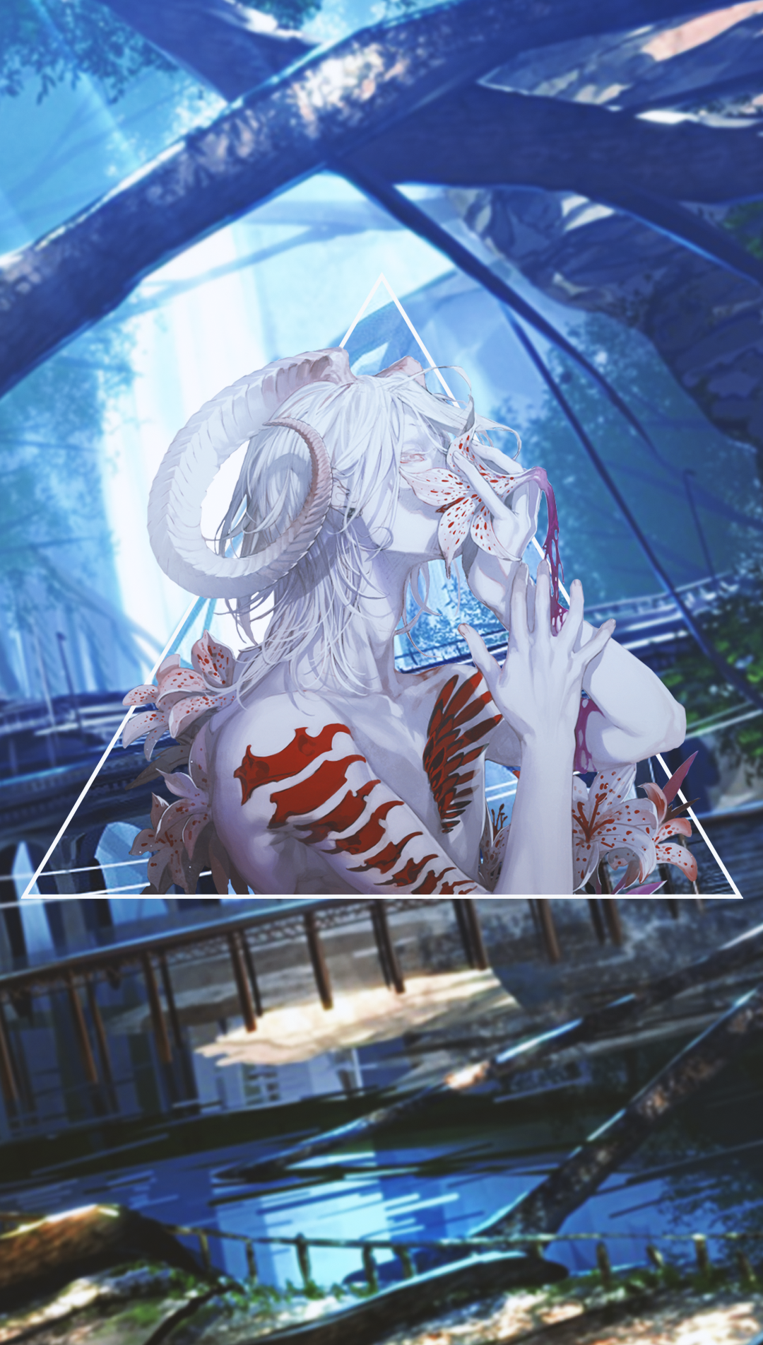Anime boy with horns and lilies HD Phone Wallpaper