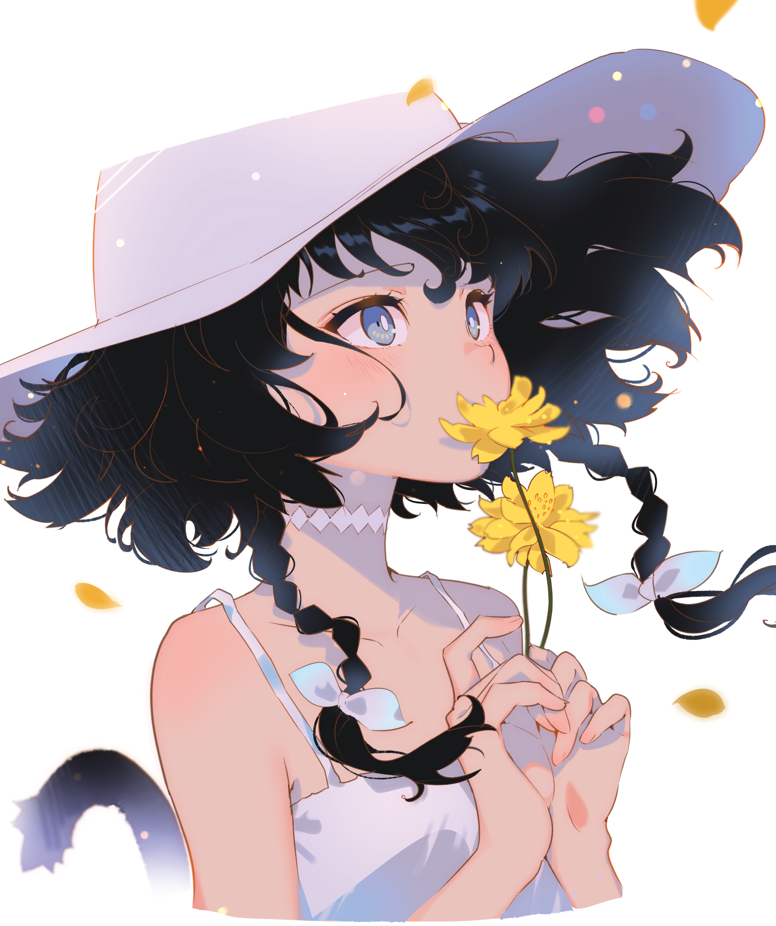 Anime girl with dark hair and yellow flowers HD Phone Wallpaper