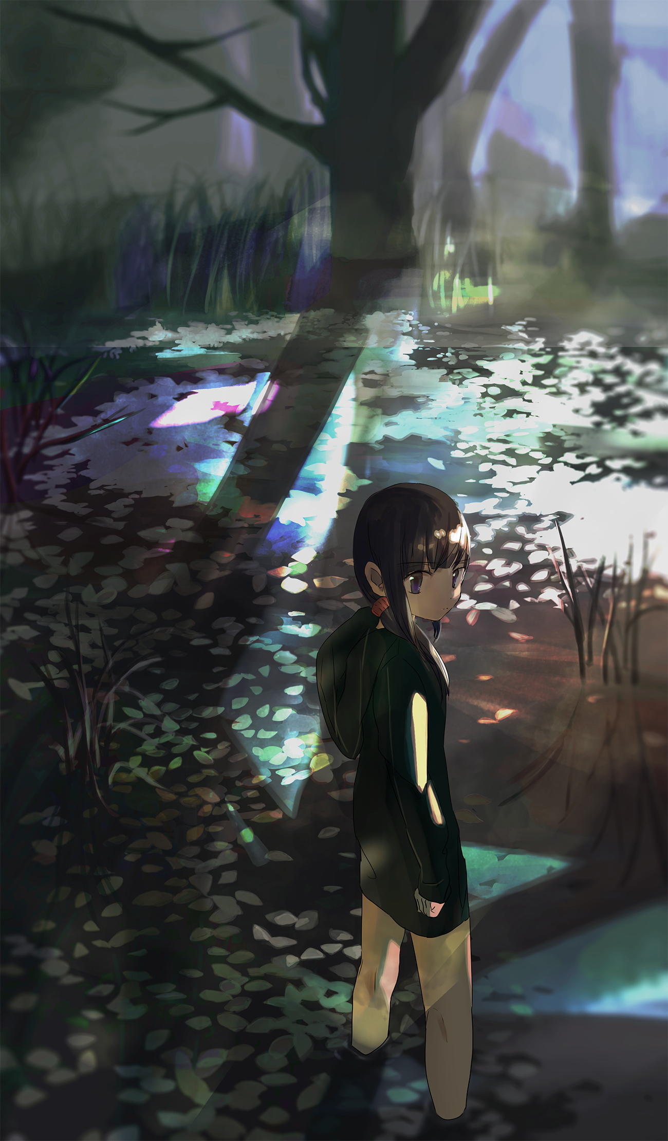 Anime girl in a dark forest with dappled sunlight HD Phone Wallpaper