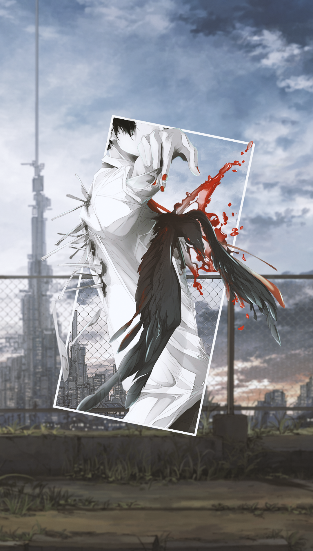 Anime boy with black wings and blood HD Phone Wallpaper