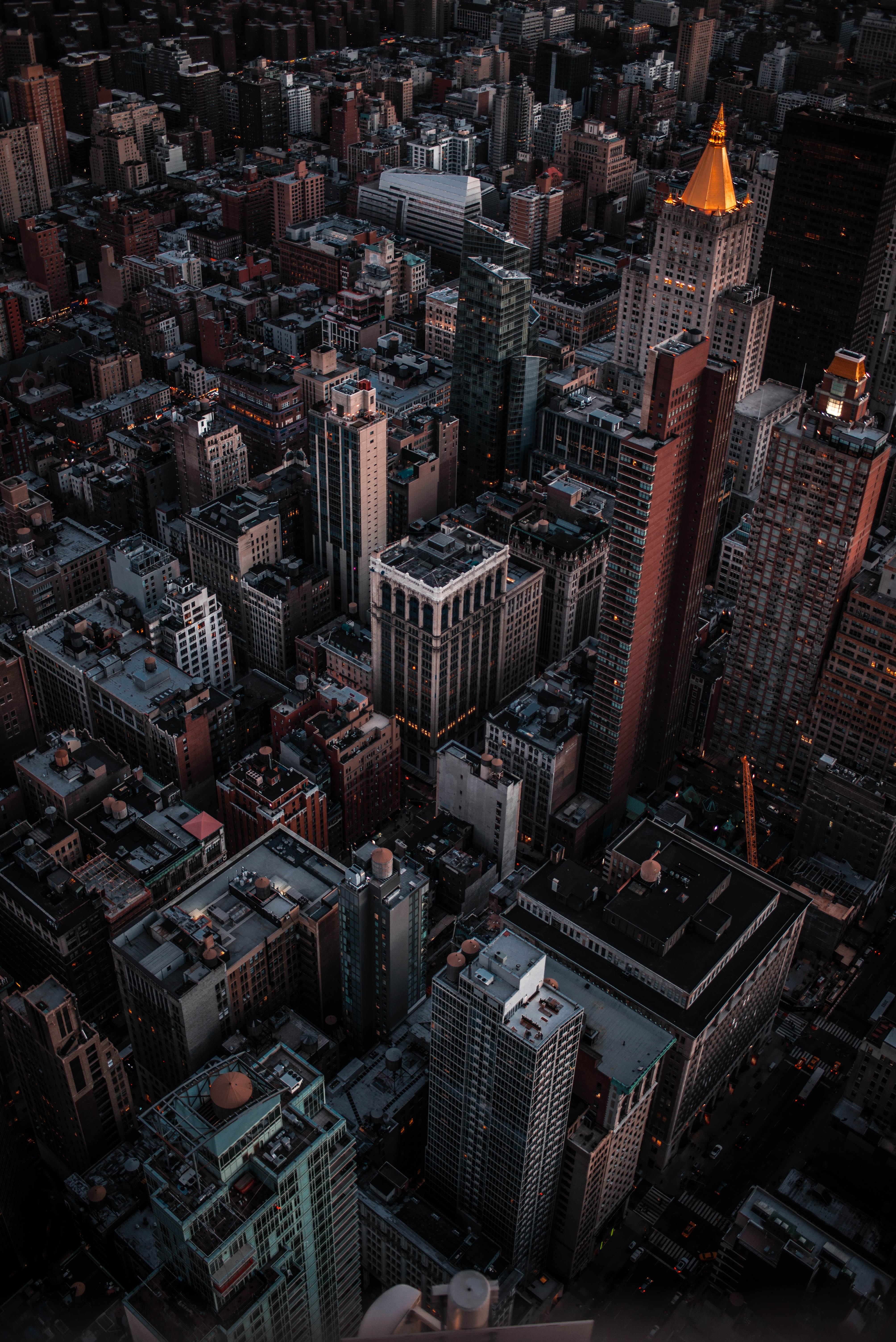Aerial view of New York City skyscrapers at dusk HD Phone Wallpaper