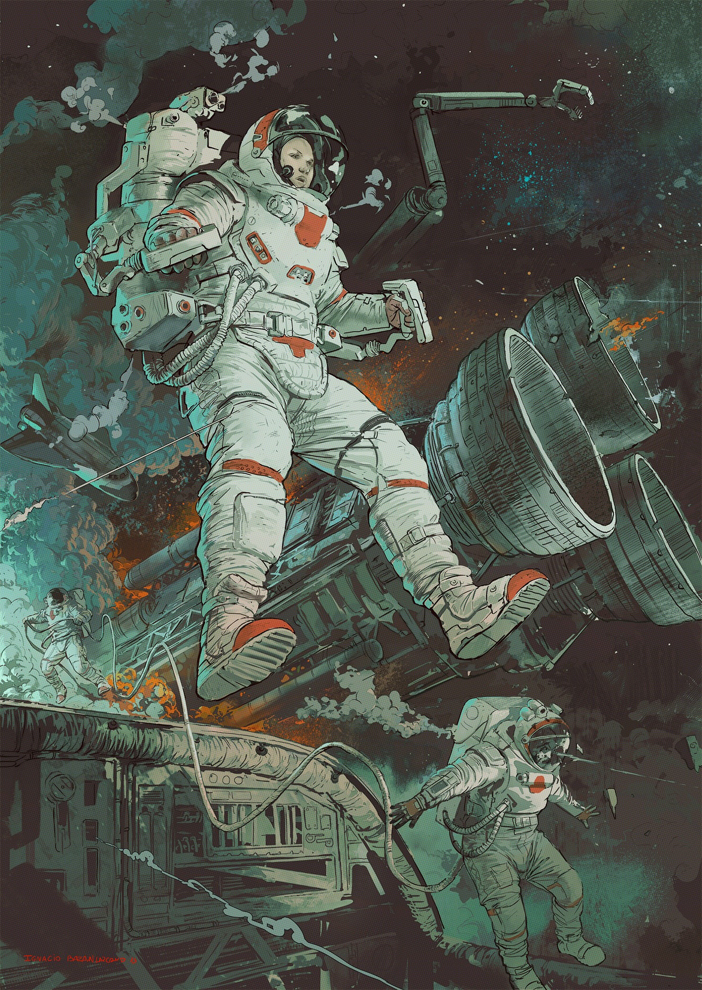Astronauts in space near a damaged spaceship HD Phone Wallpaper