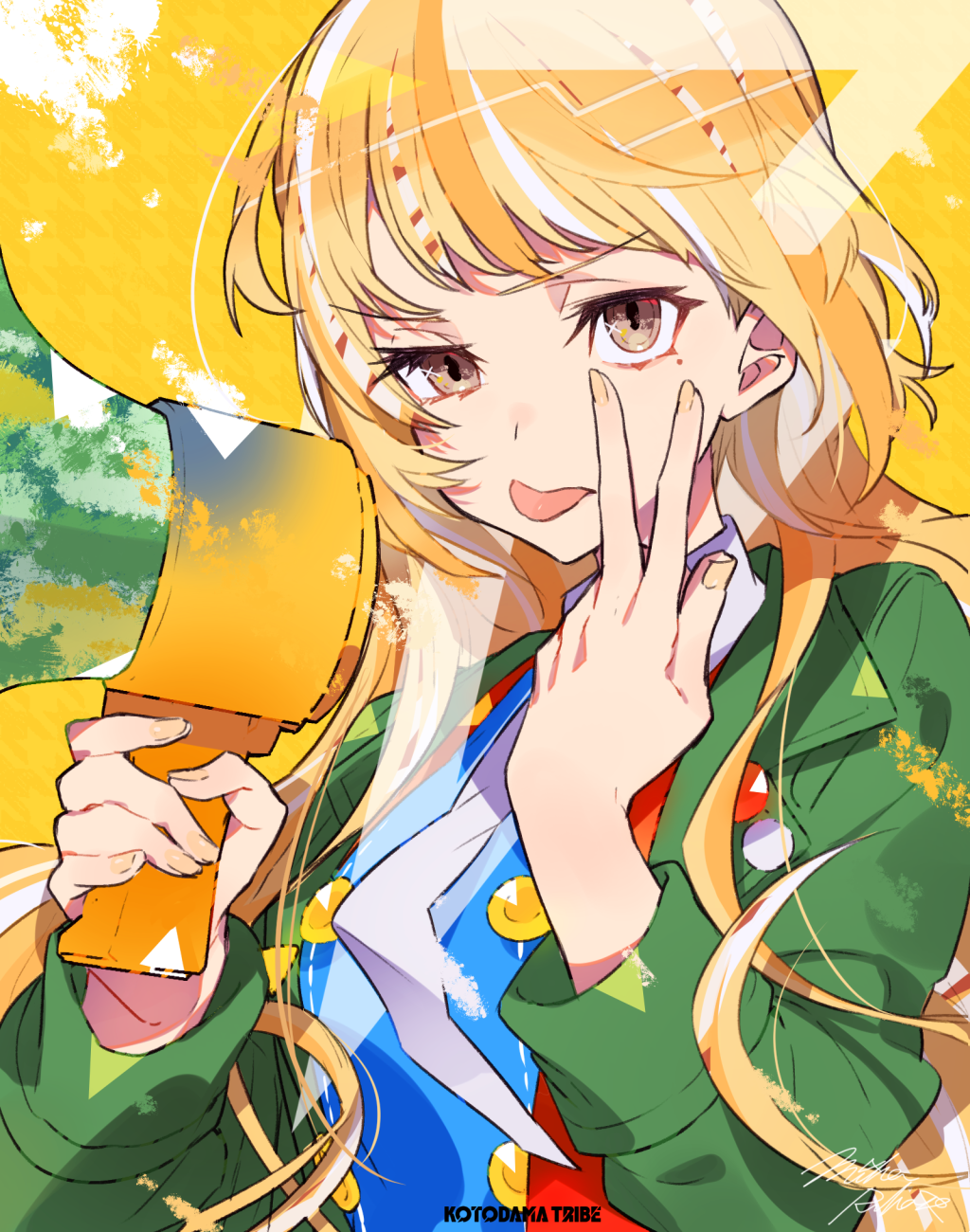 Anime girl with blonde hair holding a megaphone HD Phone Wallpaper