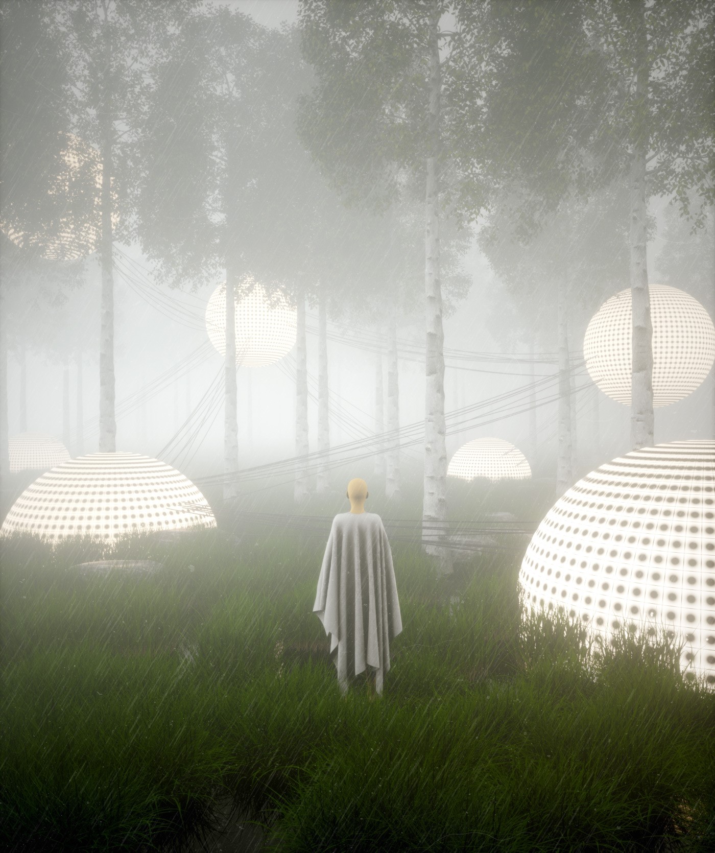 Surreal forest with glowing orbs and a person HD Phone Wallpaper