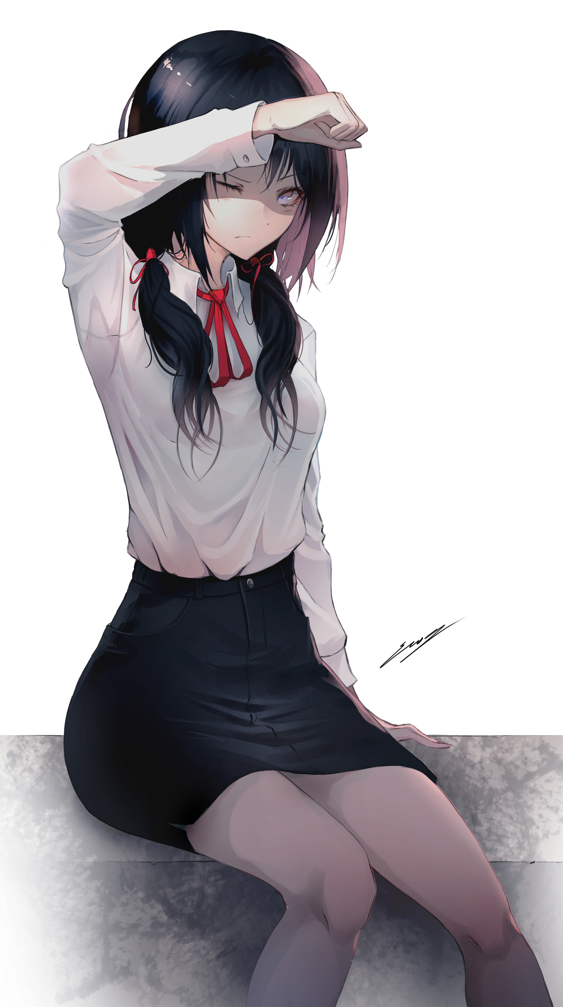 Anime girl with pigtails sitting HD Phone Wallpaper