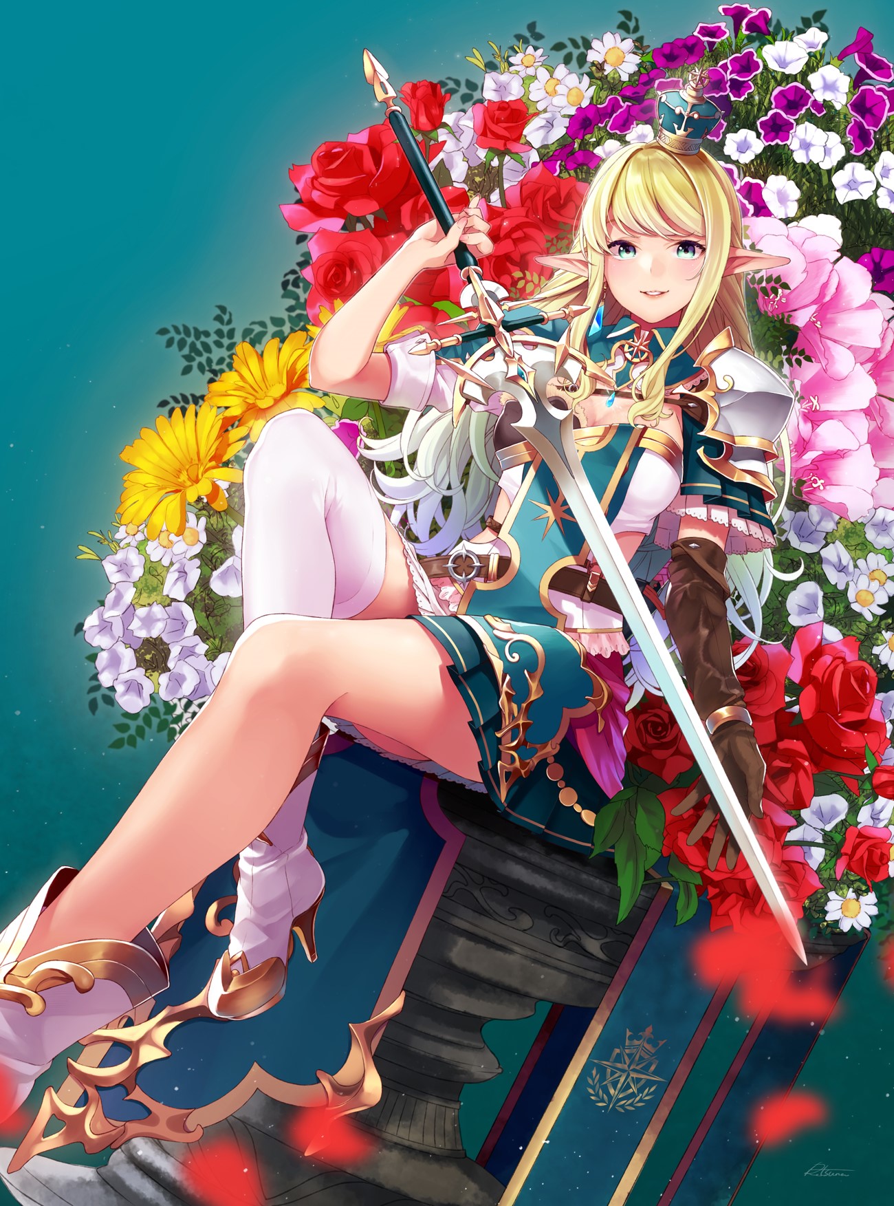 Anime Elf Girl with Sword and Flowers HD Phone Wallpaper