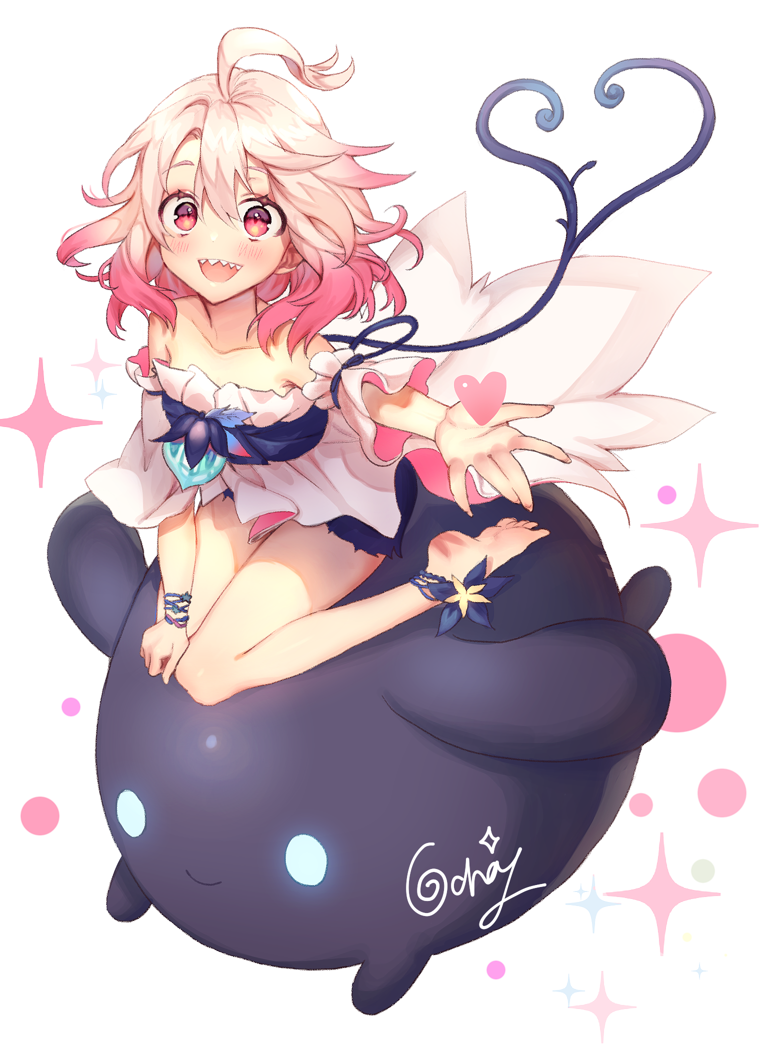 Anime girl with pink hair riding a dark creature HD Phone Wallpaper