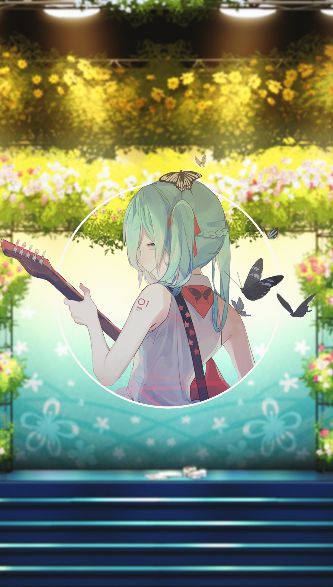 Hatsune Miku playing guitar with butterflies HD Phone Wallpaper