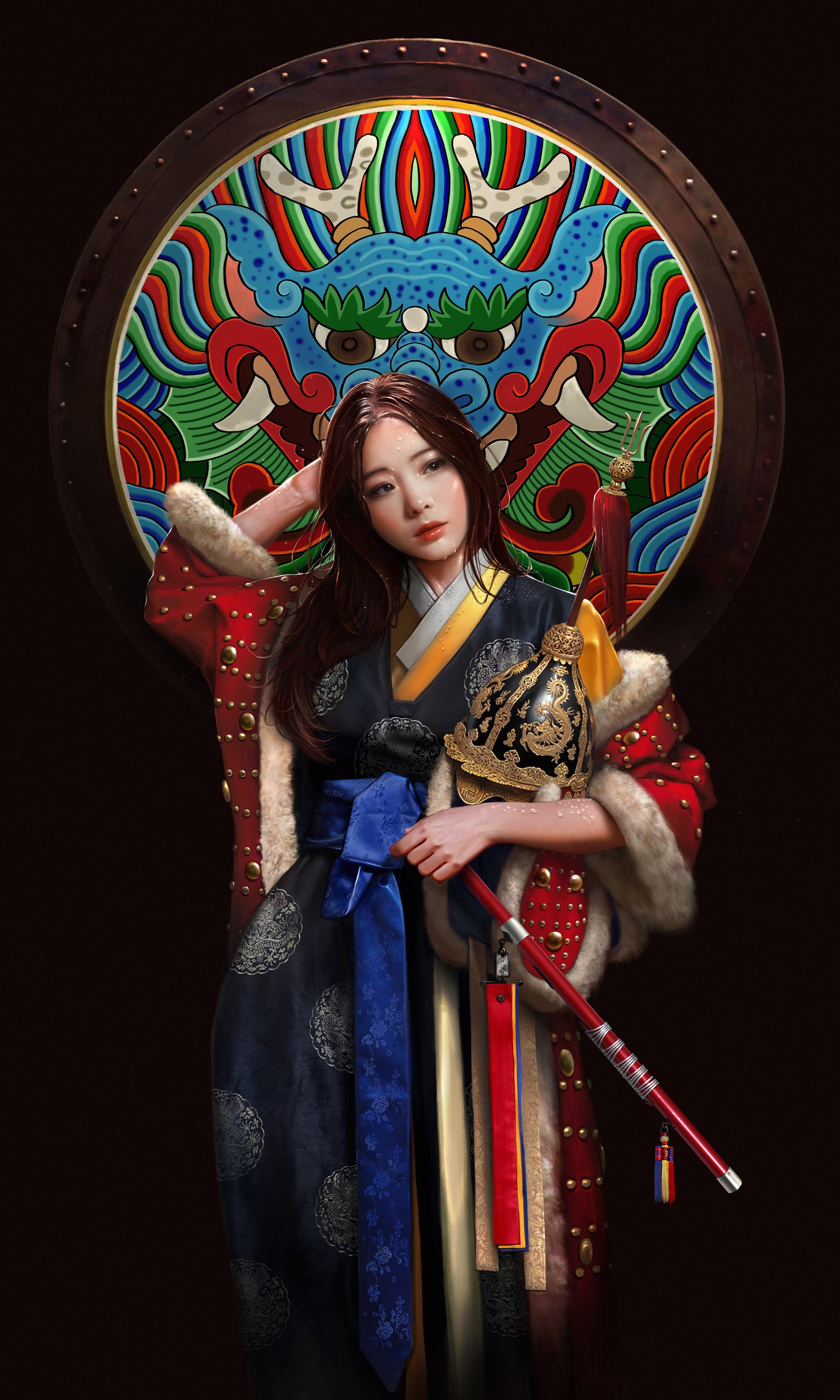 Woman in traditional Korean attire with dragon shield HD Phone Wallpaper
