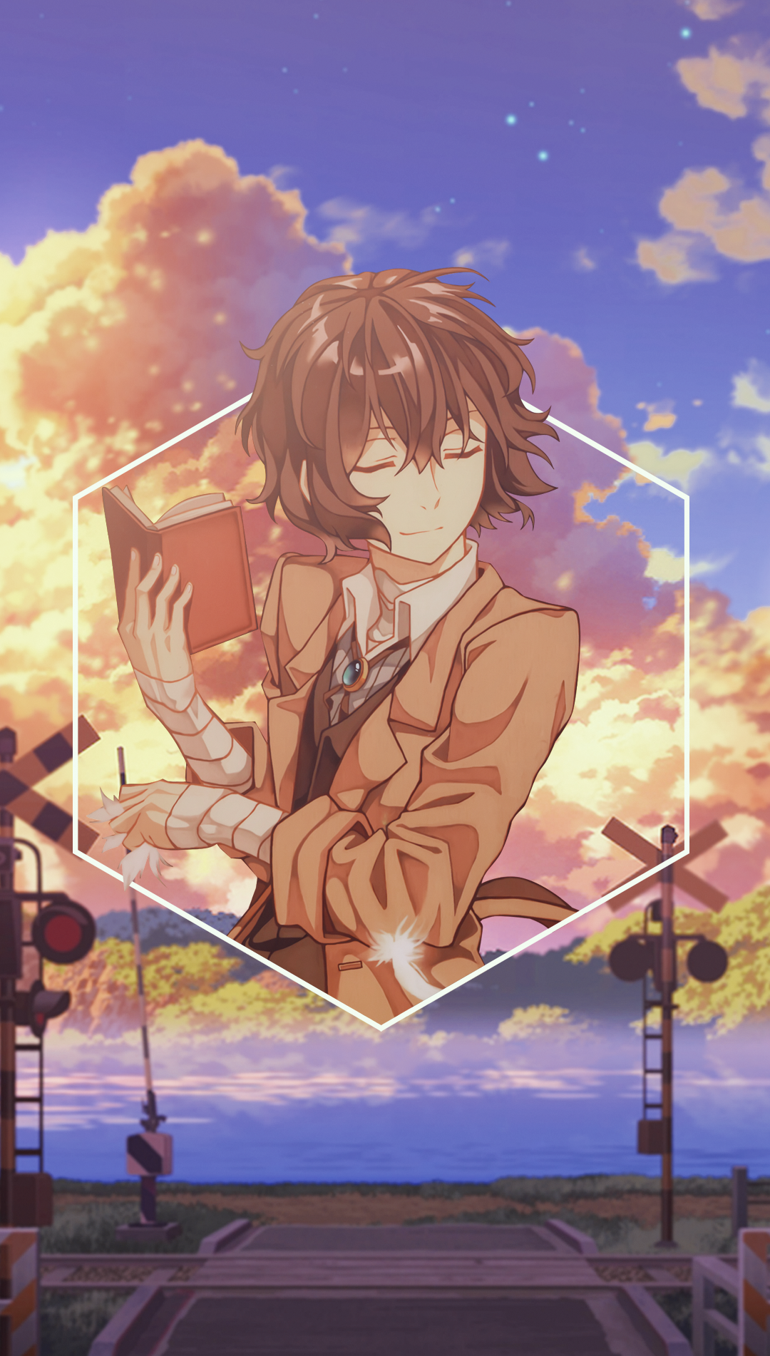 Anime boy reading a book with train tracks and sunset sky HD Phone Wallpaper