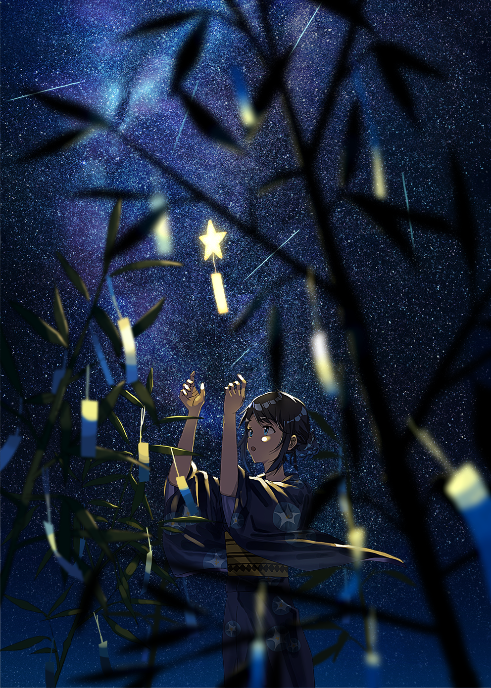 Anime girl in yukata under starry sky with bamboo HD Phone Wallpaper