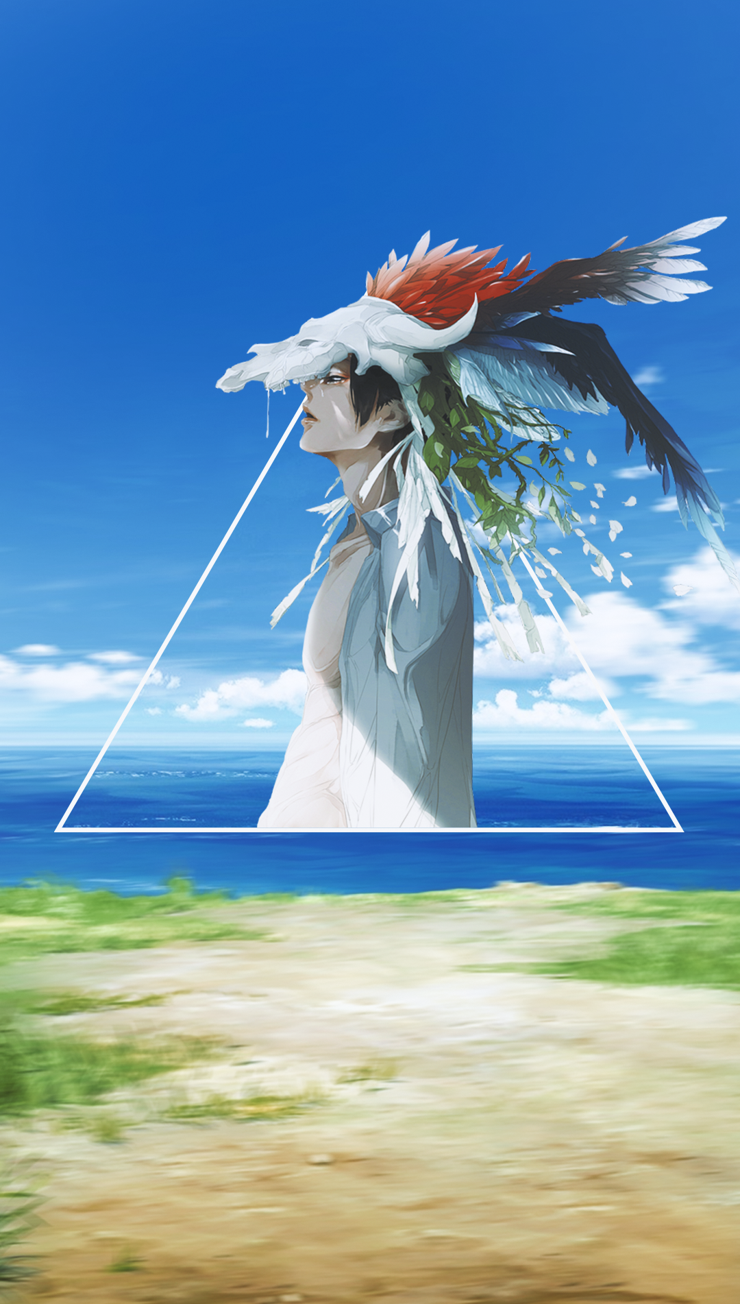 Anime boy with elaborate headdress by the sea HD Phone Wallpaper