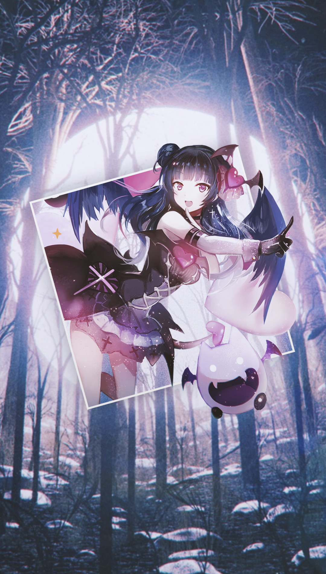 Anime girl with bat wings and a ghost creature HD Phone Wallpaper