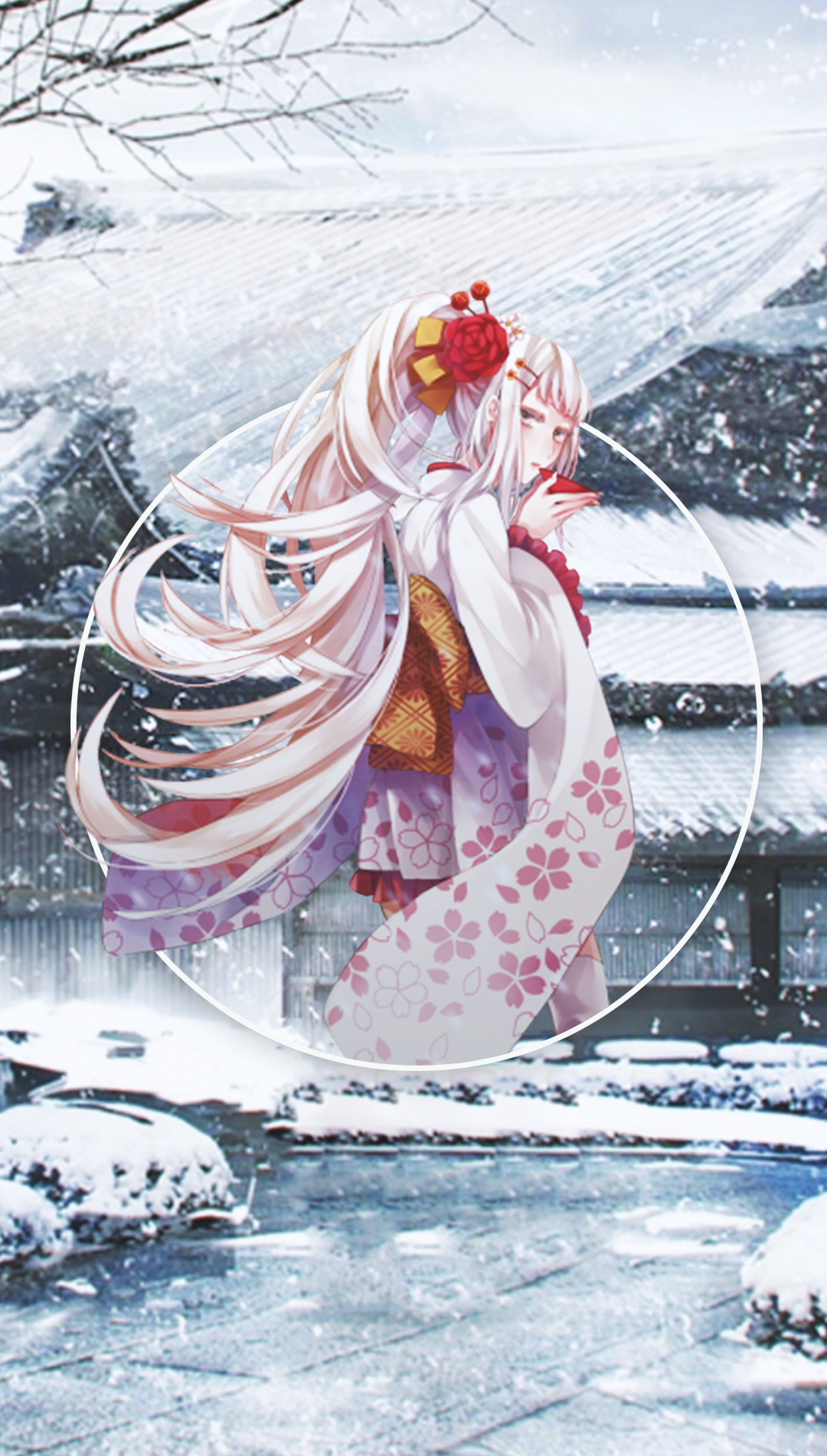 Anime girl in kimono in a snowy landscape HD Phone Wallpaper