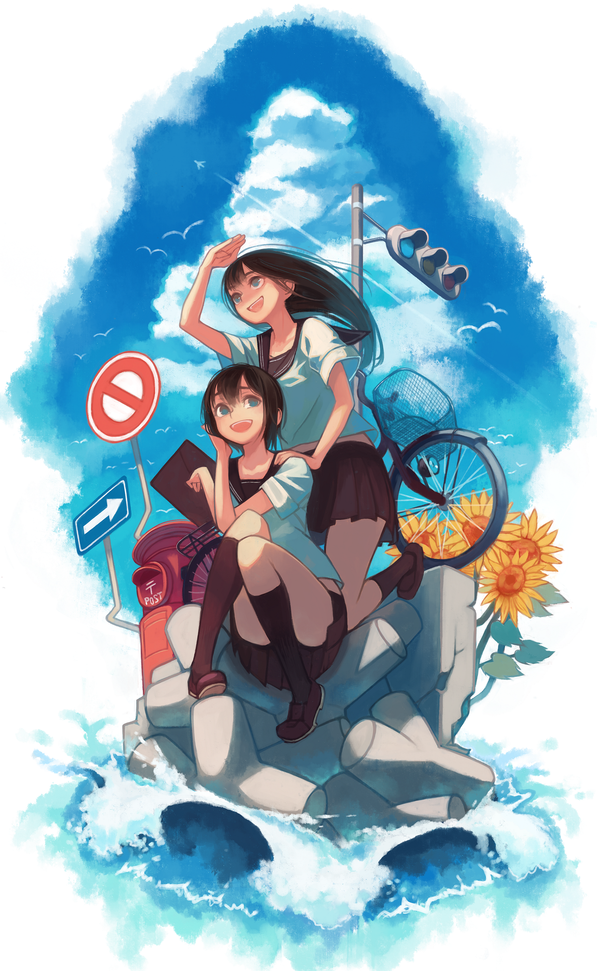 Anime girls on breakwater with bicycle and sunflowers HD Phone Wallpaper