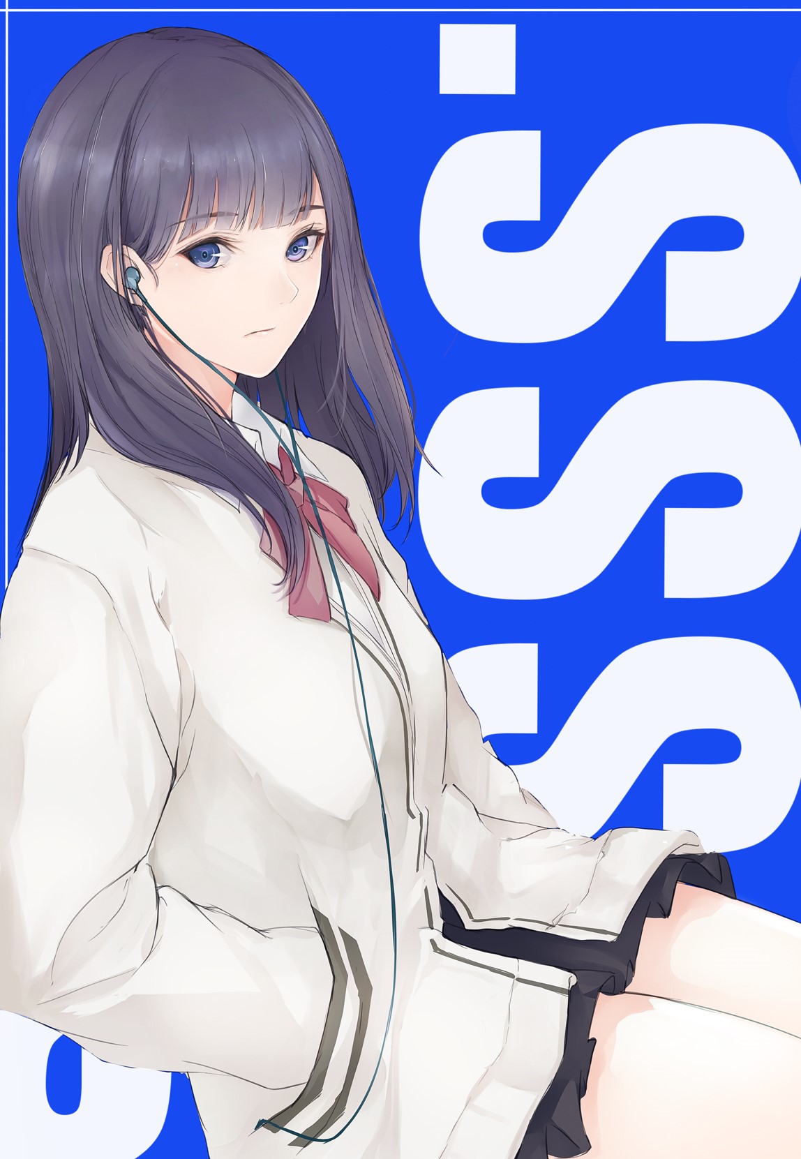 Anime girl with dark hair and blue eyes wearing headphones HD Phone Wallpaper