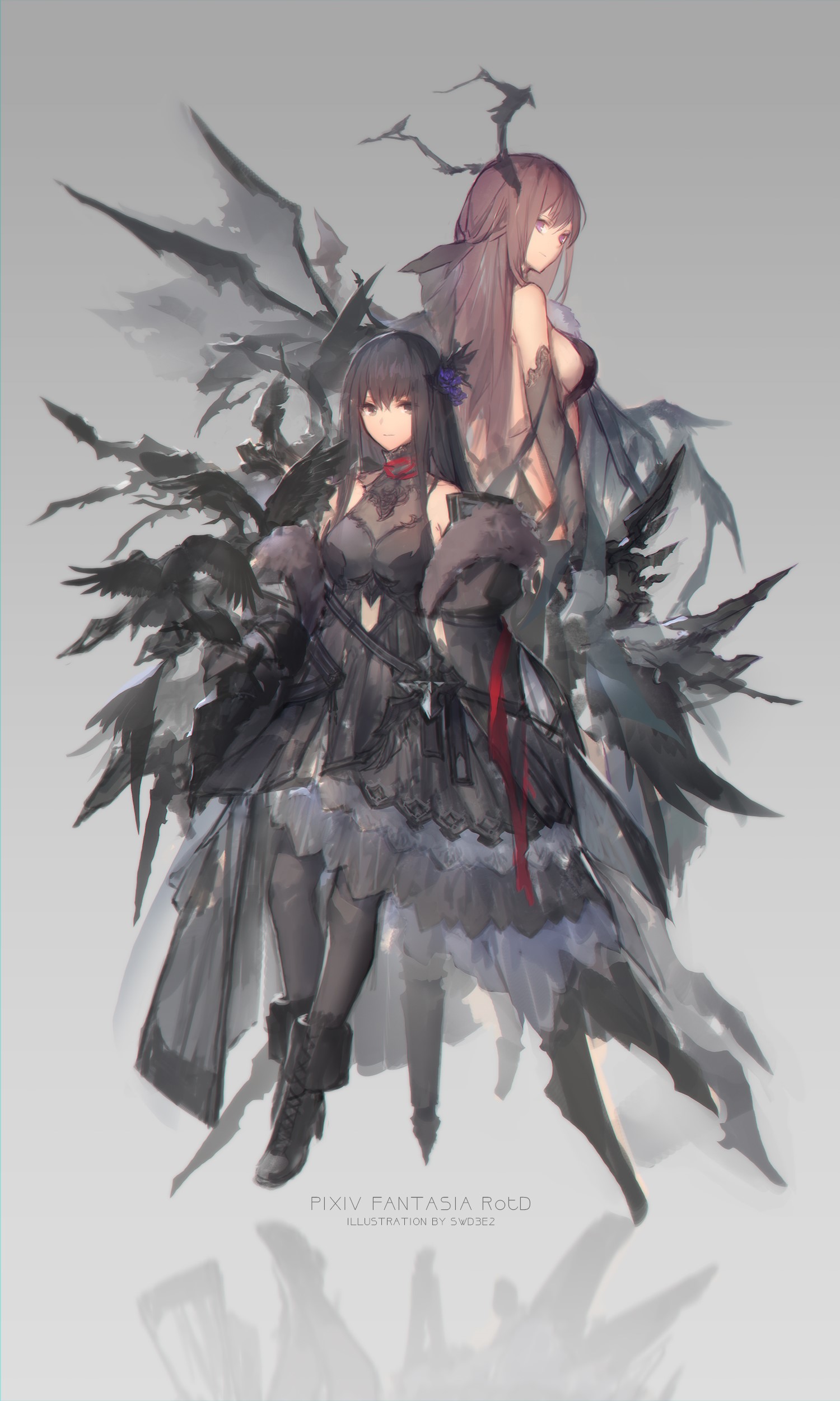 Two anime girls with dark and purple hair in dark fantasy outfits HD Phone Wallpaper