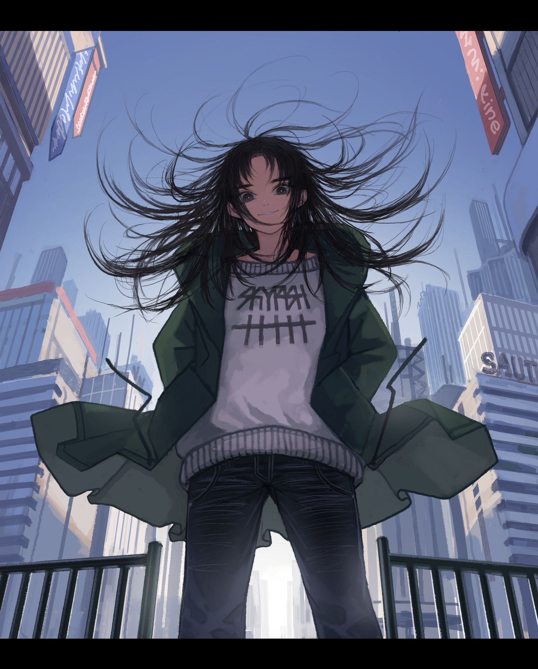 Anime girl with long dark hair in a city HD Phone Wallpaper