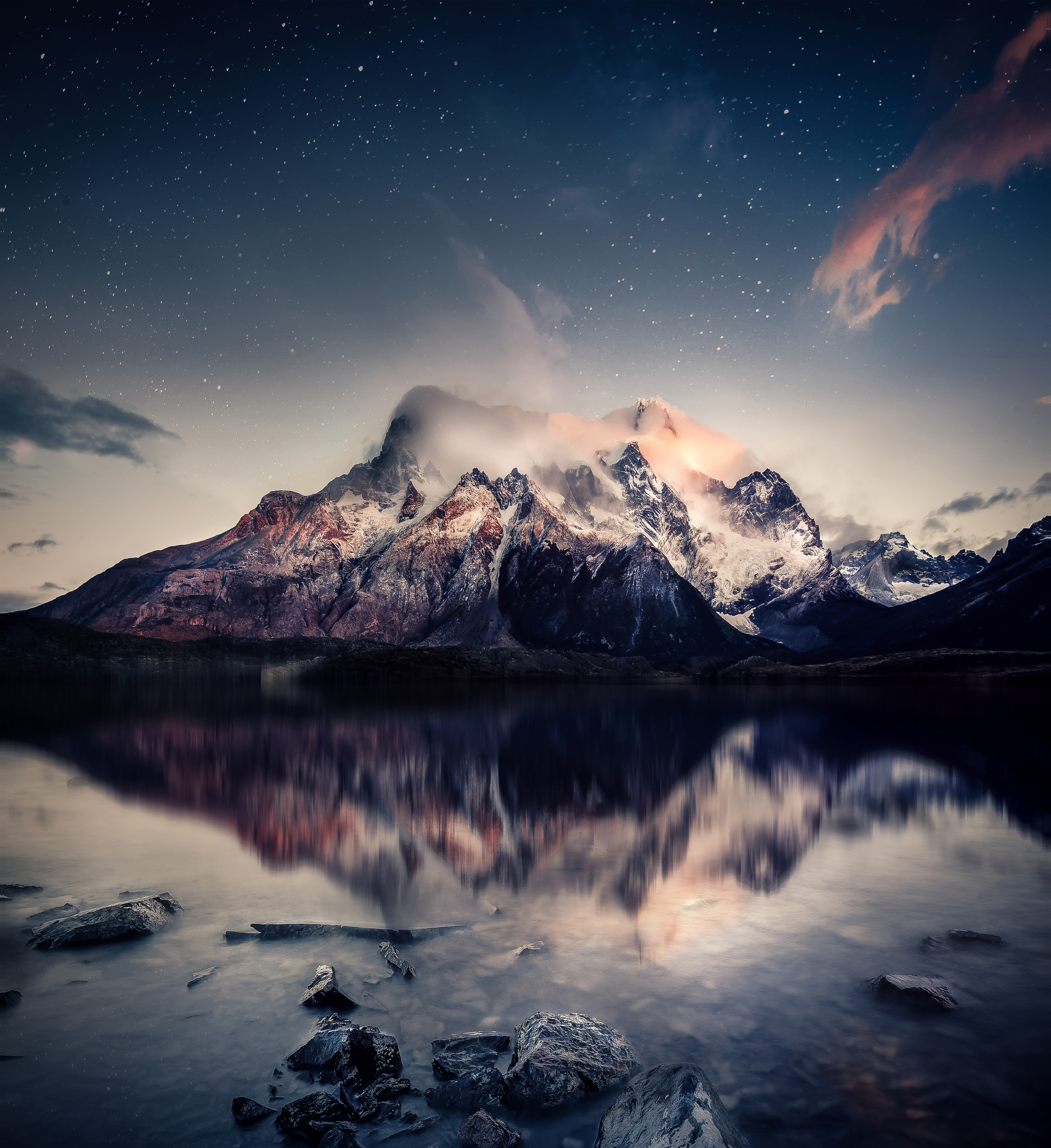 Mountain Range Reflected in Lake Under Starry Sky 4K HD Wallpaper