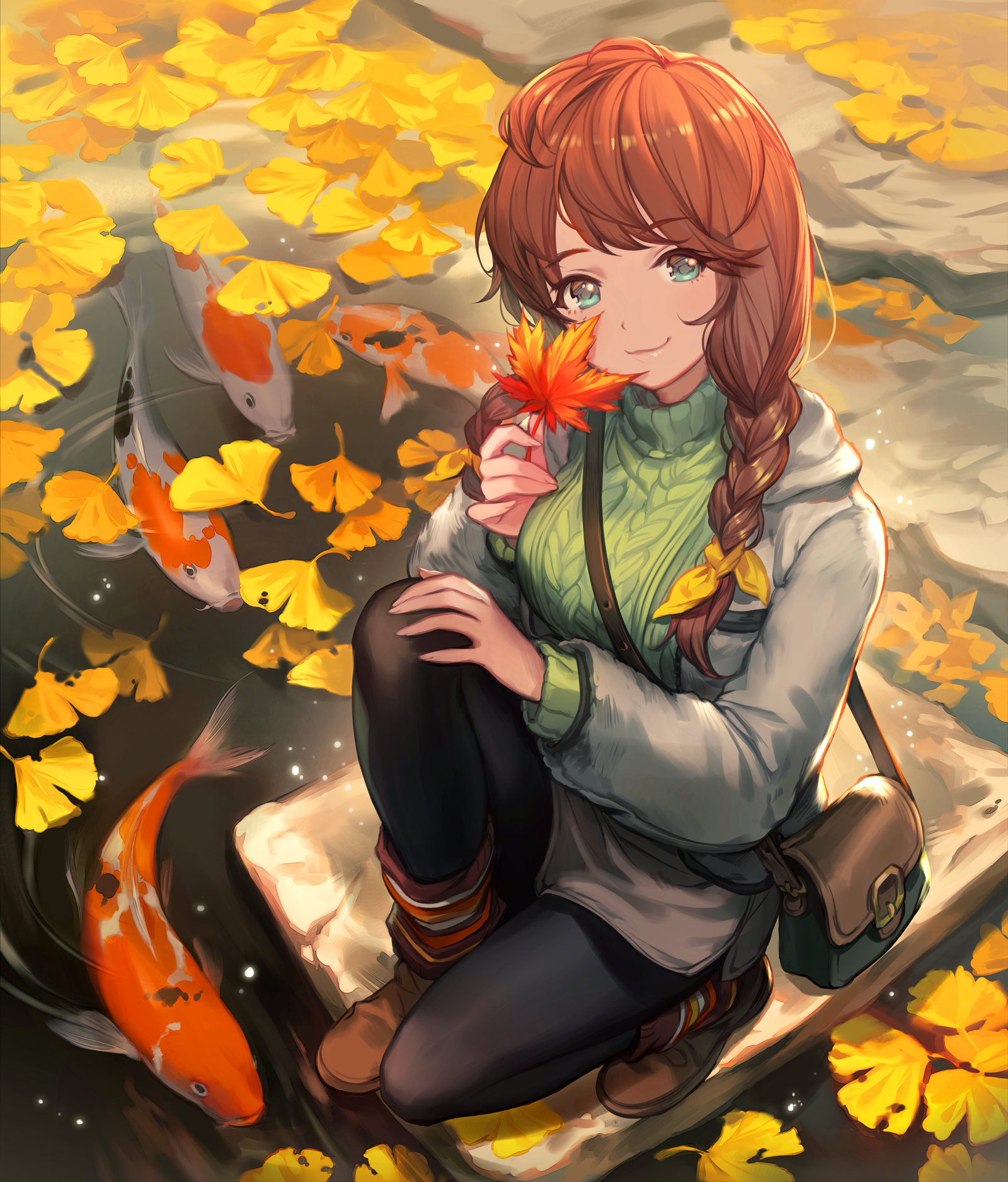 Anime girl with koi fish and autumn leaves HD Phone Wallpaper
