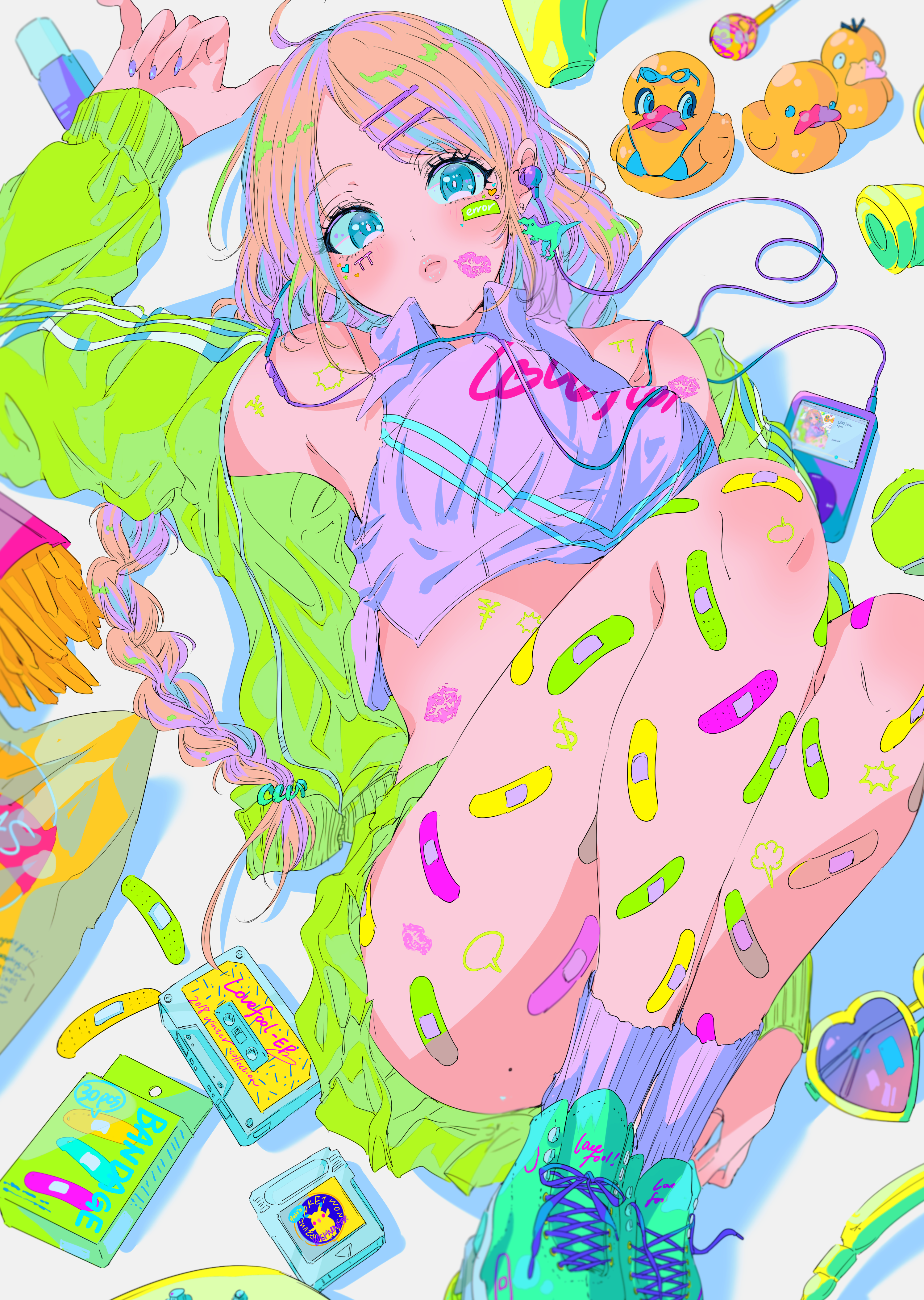 Anime girl with colorful bandages and headphones HD Phone Wallpaper