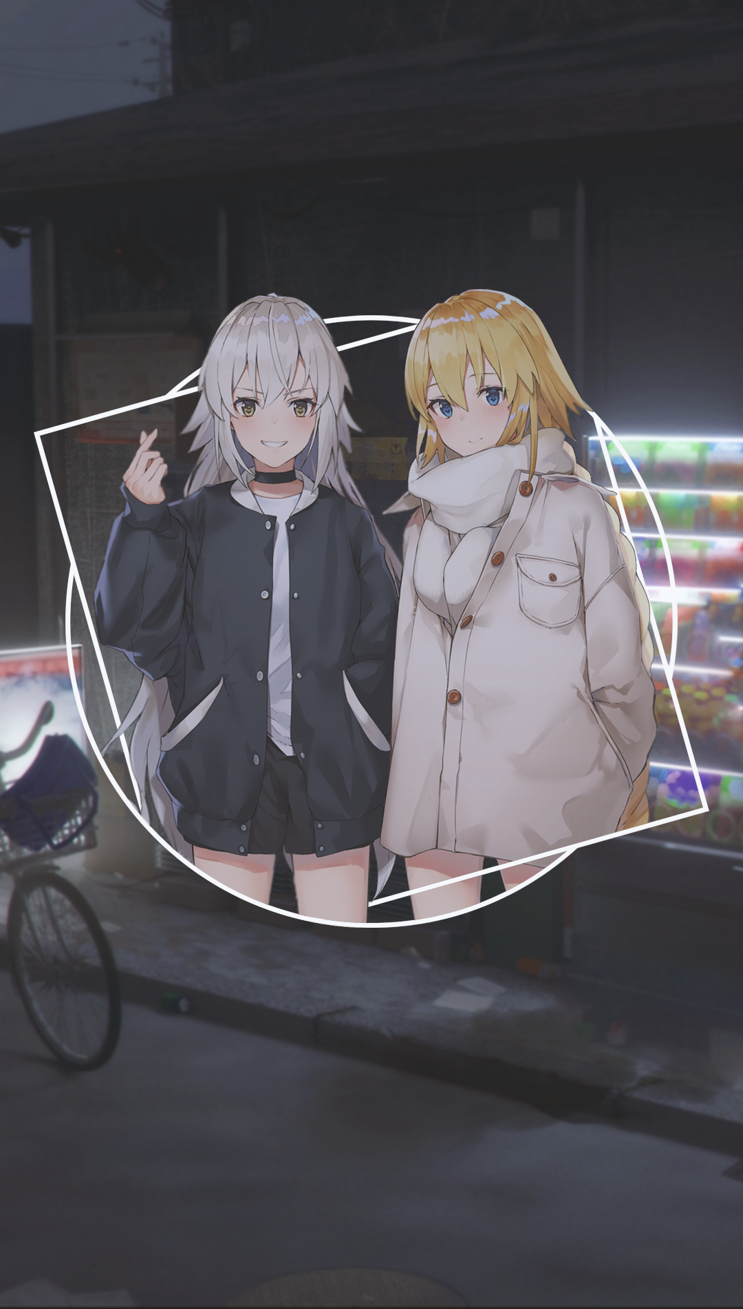 Two anime girls standing in front of a convenience store HD Phone Wallpaper