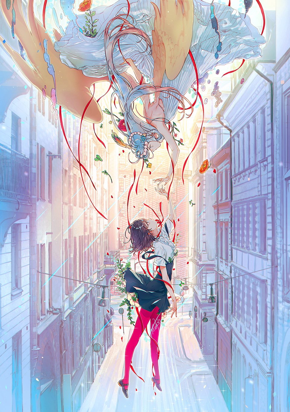 Anime girls falling through city street with ribbons HD Phone Wallpaper