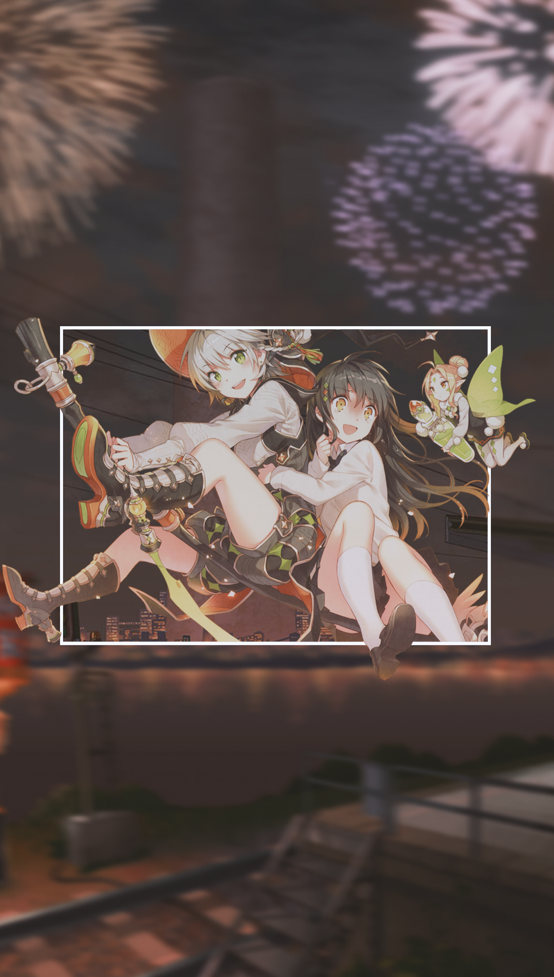 Anime girls with fireworks and city background HD Phone Wallpaper