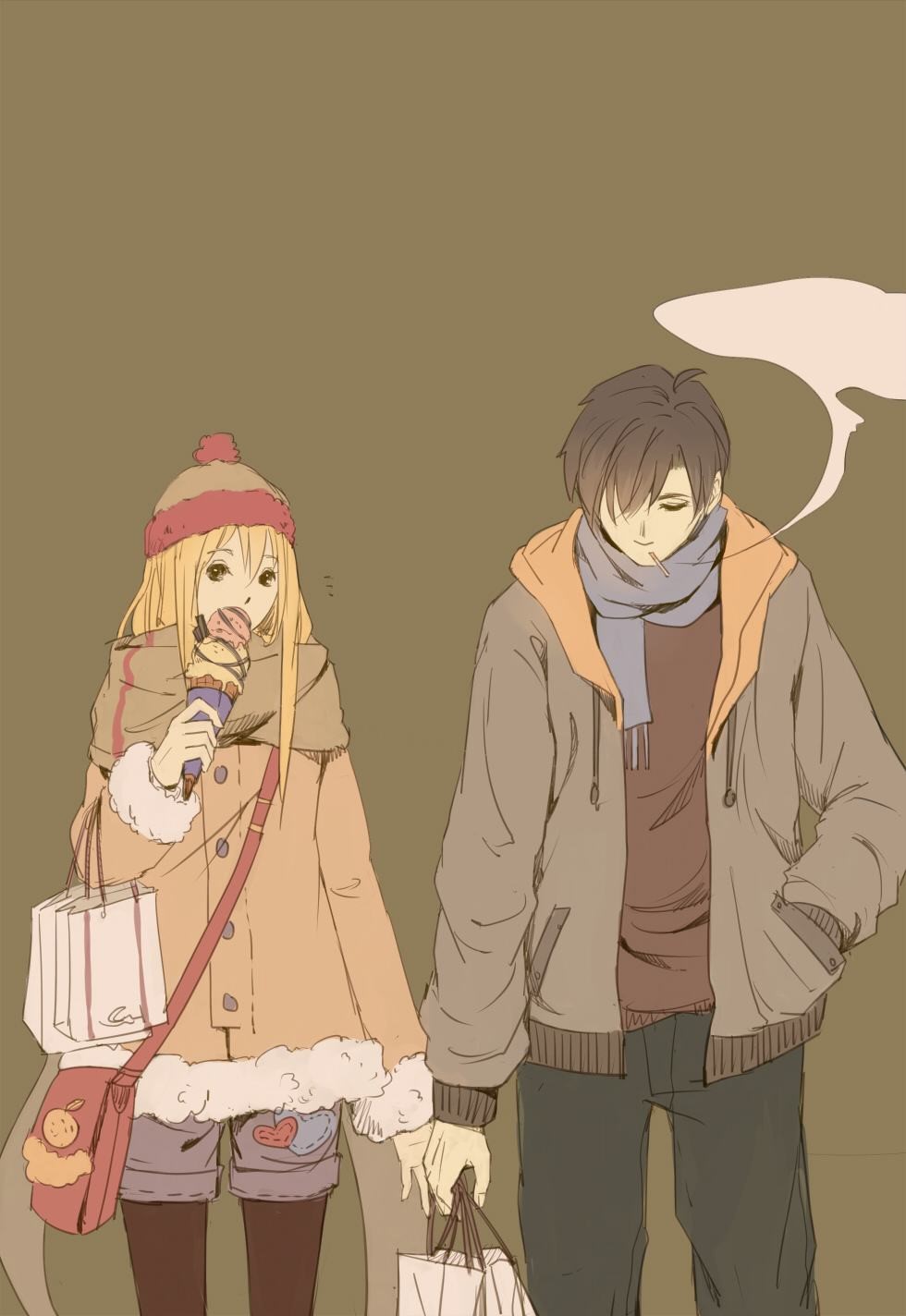 Anime couple holding hands and eating ice cream HD Phone Wallpaper