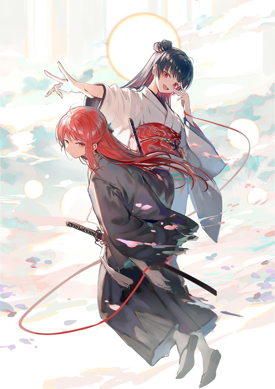 Two anime girls in kimonos with swords HD Phone Wallpaper